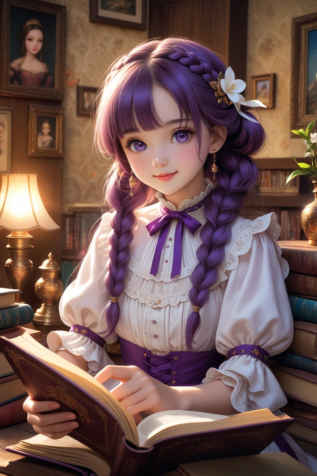 beautiful details, perfect focus,high resolution, exquisite texture in every detail, looking at viewer, blush, smile, bangs, copper eyes, hair ornament, purple hair, hair rings, twin braids, hair ribbon, hair between eyes, 
adorable girl dressed in a (Bisque Doll-like girl outfit: 1.1) The charming ensemble features a frilly collar and cuffs, with delicate lace details, ((1girl 15yo)), (female child, loli:1.3),  ((waist up body of Dilraba Dilmurat)), (Realistic: 1.2), (illustration: 1.2), (perfect eyes:1.3, perfect face:1.3), long eyelashes, perfect lighting, perfect shading, (best quality, masterpieces), (realphoto , photographic, 35mm f2.0:1.4),(Western, old school :1.2), fantasy, (beautiful girl:1.2), (beautiful face:1.2), (Small room, cluttered room, stairs:1.2),(book:1.6), Books are scattered all over the place, colorful dynamic, (sitting_on_stairs:0), sitting, (reading a book, looking at book,looking at another:1.4), expressionless, dutch angle, barefoot, side lighting, dynamic color hair,
(ultra-detailed, vivid colors,soft lighting, digital illustration) expressions, (dreamy atmosphere, colorful surroundings), digital art, 8K, 16K, cool wallpaper, things, jasmine, pillows, clutter, wood toy, sharp focus, HDR, Add more details,perfect fingers,