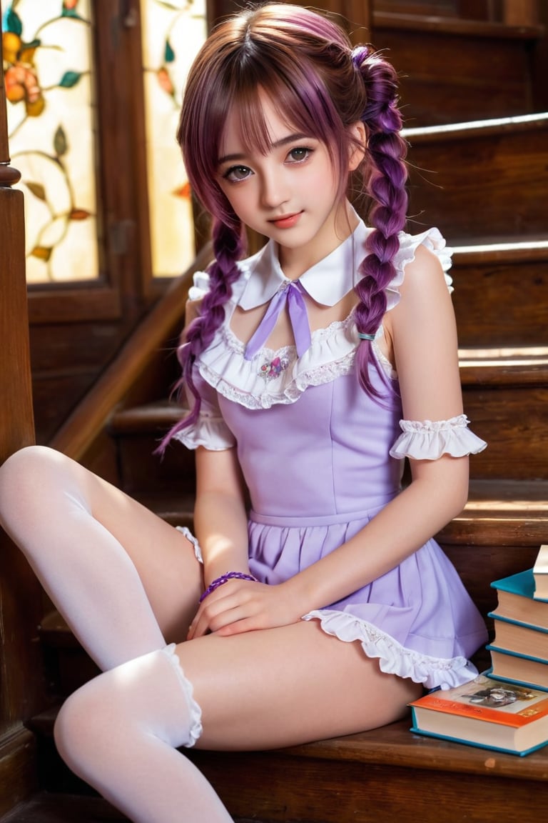 beautiful details, perfect focus,high resolution, beautiful anime style, exquisite texture in every detail, looking at viewer, blush, smile, bangs, copper eyes, hair ornament, purple hair, hair rings, twin braids, hair ribbon, hair between eyes, 
adorable girl dressed in a (Bisque Doll-like girl outfit: 1.1) The charming ensemble features a frilly collar and cuffs, with delicate lace details, ((1girl 15yo)), (female child, loli:1.3),  ((waist up body of Dilraba Dilmurat)), (Realistic: 1.2), (illustration: 1.2), (perfect eyes:1.3, perfect face:1.3), long eyelashes, perfect lighting, perfect shading, (best quality, masterpieces), (realphoto , photographic, 35mm f2.0:1.4),(Western, old school :1.2), fantasy, (beautiful girl:1.2), (beautiful face:1.2), (Small room, cluttered room, stairs:1.2),(book:1.6), Books are scattered all over the place, colorful dynamic, (sitting_on_stairs:0), sitting, (reading a book, looking at book,looking at another:1.4), expressionless, dutch angle, barefoot, side lighting, dynamic color hair,
(ultra-detailed, vivid colors,soft lighting, digital illustration) expressions, (dreamy atmosphere, colorful surroundings), digital art, 8K, 16K, cool wallpaper, things, jasmine, pillows, clutter, wood toy, sharp focus, HDR, Add more details,perfect finger