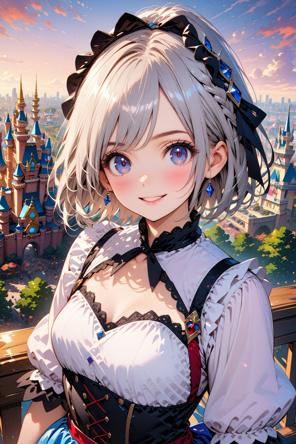 (best quality),(masterpiece:1.1),(extremely detailed CG unity wallpaper:1.1), (colorful:0.9),(panorama shot:1.4),upper body,looking at viewer,from above,2 girls ,15yo, (Disney princess costume:1.6), (Disney land Tokyo background :1.4), fun, smile, flowers (innocent grey), 16K, UHD, HDR, rose, twilight, perfect shadow, perfect fingers, perfect face, (dynamic funny pose :1.4),portrait,style,2b-Eimi,extremely detailed