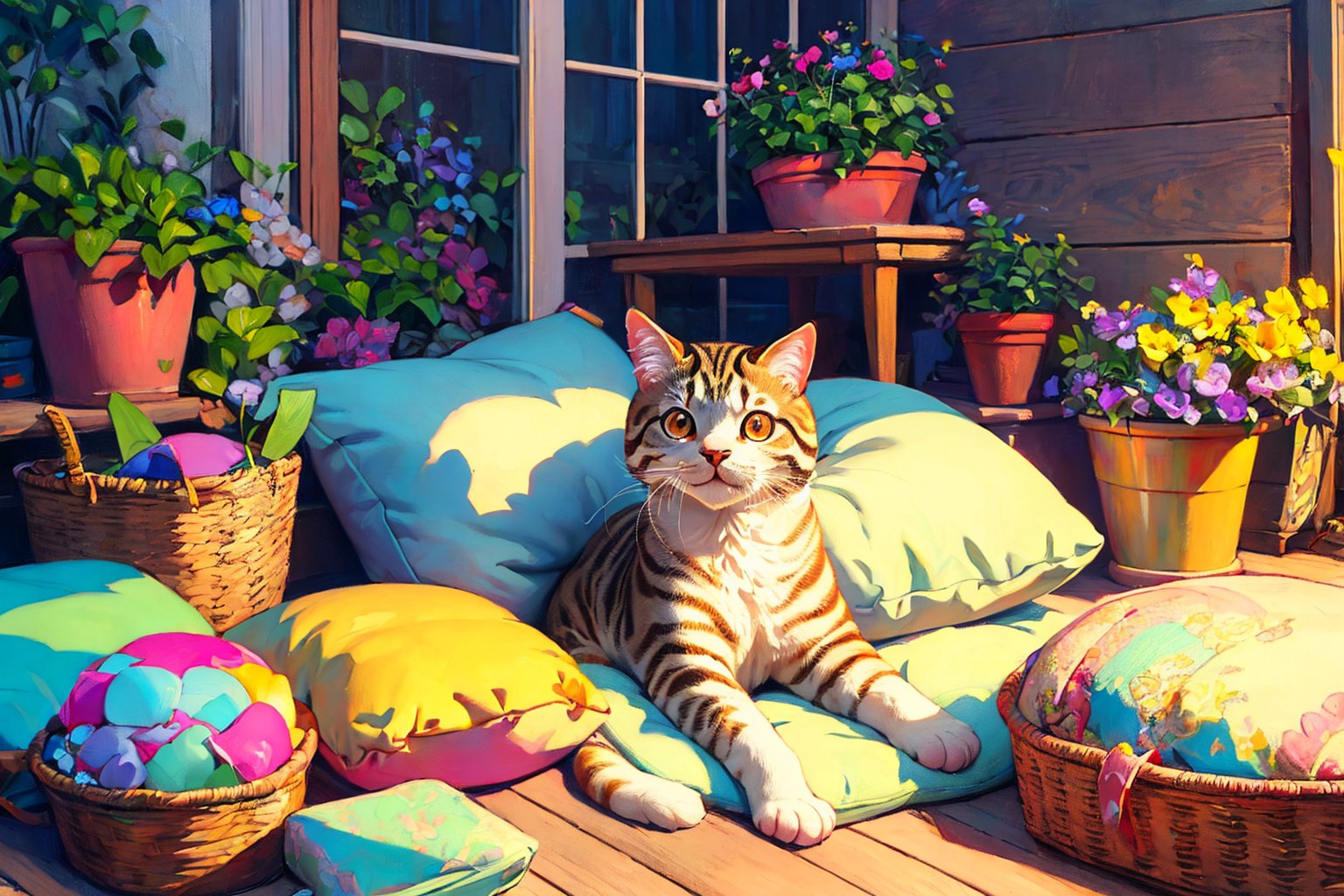 (best quality,ultra-detailed,cute animals,vivid colors,soft lighting,digital illustration,fluffy fur,playful expressions,adorable poses,dreamy atmosphere,colorful surroundings), (art by Makoto :1.5), digital art, child, cute cat, 16K, cool wallpaper, things, jasmine, pillows, clutter, toy, basket, wood, pot, can copper, garden yard, circle face, smile, sharp focus, HDR,Cosplay,onitsuka_natsumi_lovelivesuperstar,Add more details