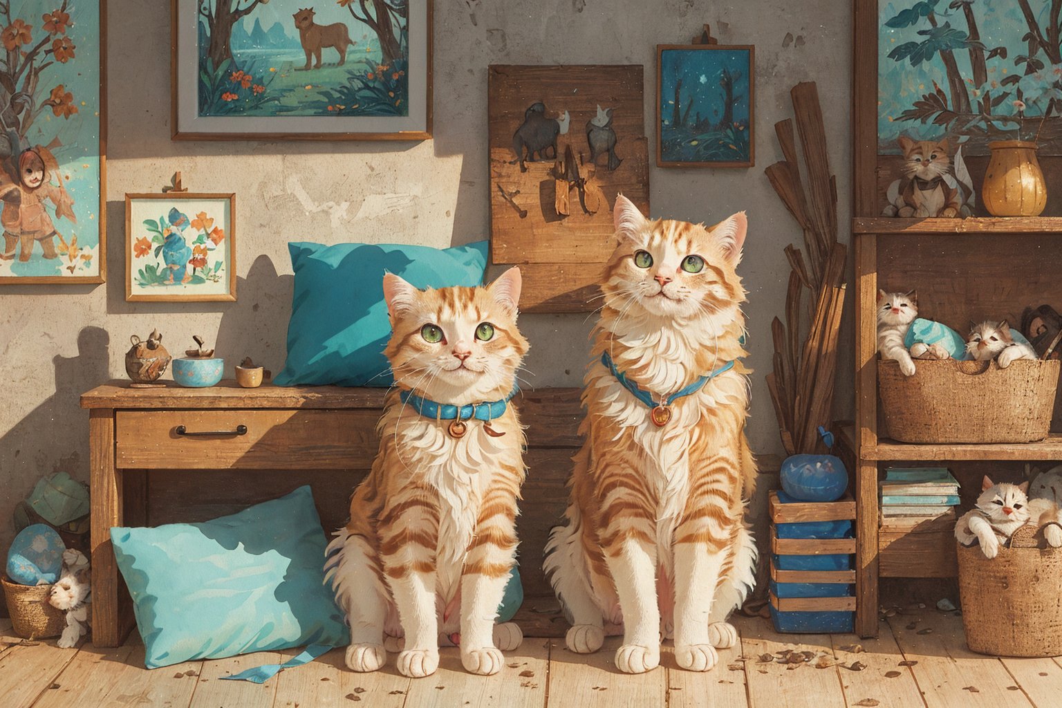 (best quality,ultra-detailed,cute animals,vivid colors,soft lighting,digital illustration,fluffy fur,playful expressions,adorable poses,dreamy atmosphere,colorful surroundings), (art by Makoto :1.5), digital art, child, cute cat, 16K, cool wallpaper, (pretty hair, long hair), things, jasmine, pillows, clutter, toy, basket, wood, pot, can copper, garden yard, circle face, smile, sharp focus, HDR, Add more details