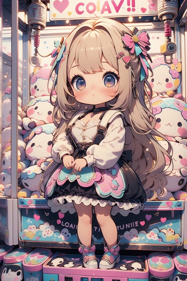 1girl, best quality, ultra-detailed, (((masterpiece))), (((best quality))), extremely detailed, ((claw machine)), ((claw is clamping a doll box up)), hand on bottom panel, control joystick and press button with hand, cleavage, big tits, ribbon, beige lace overalls, black updo longhair, shy, blush, petite figure proportion, claw machine, Glittering, cute and adorable, (perfect lighting, perfect shadow), wide shot, dreamlike scenery, Realism, blending colors,vibrant hues, amazing photo, wearing dress pretty ruffle, cute shoe, hug pillow heart, holding cute doll, Chibi,
,UFOCatcher,