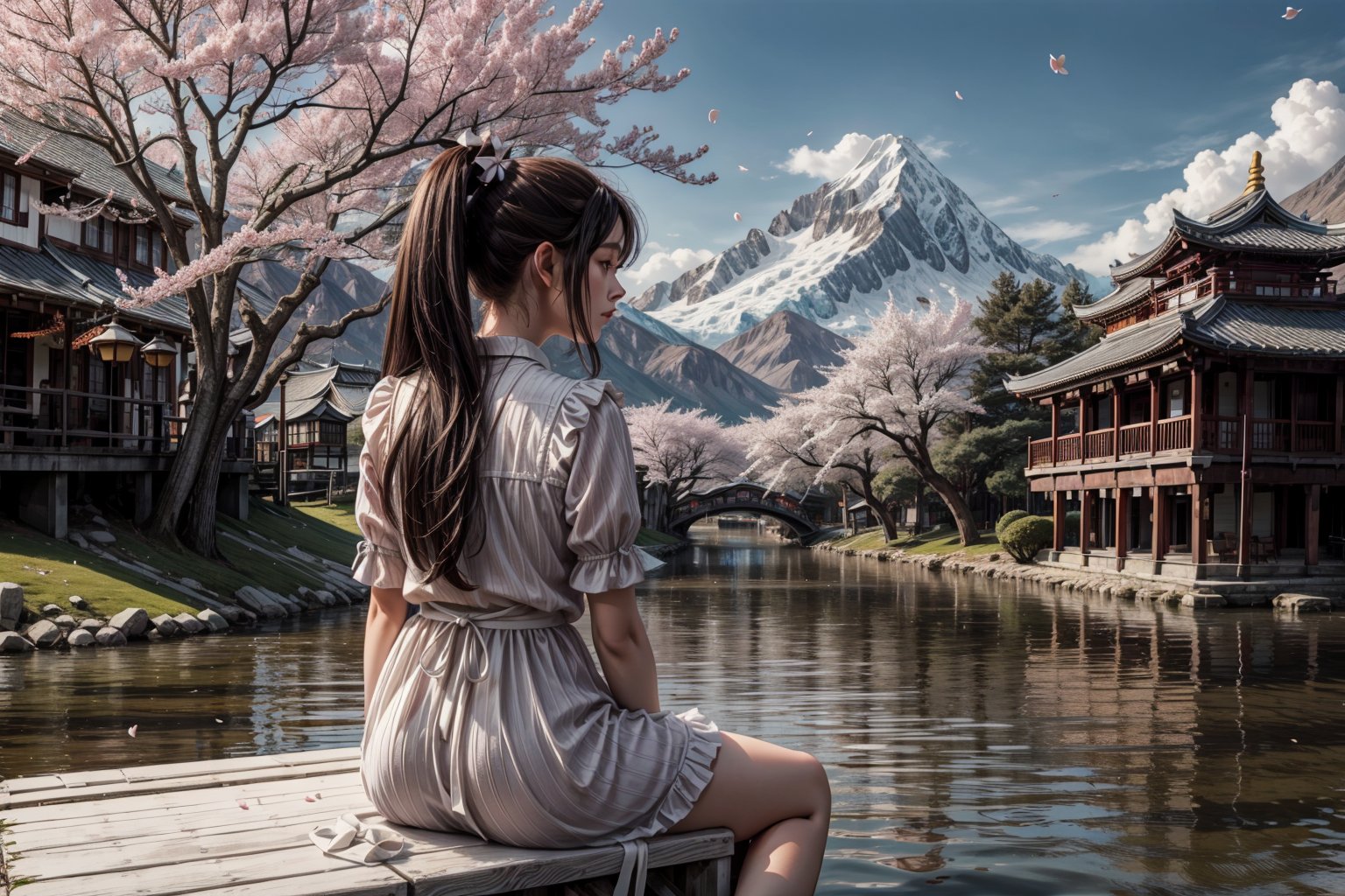 ((1girl)),solo, long hair, brown hair, black hair, dress, sitting, ponytail, outdoors, sky, day, cloud, water, from behind, white dress, tree, cherry blossoms, building, instrument, scenery, reflection, mountain, watercraft, architecture, house, bridge, east asian architecture, river, boat,