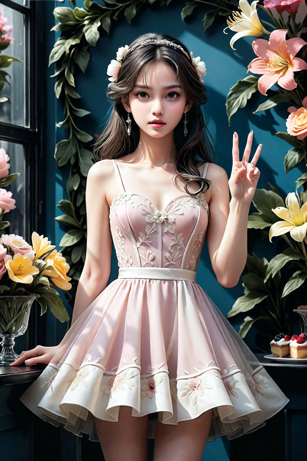 high contrast, highly detailed, 4k, 8k, HD,  digital art, ultra detailed, (masterpiece, top quality, best quality, official art, perfect face:1.2), UHD, (cinematic, azure and light pink:0.85), 32K, (Beautifully Detailed Face and Fingers), (muted colors, dim colors), vanilla dress, young beautiful girl, dynamic posing, art, 1girl, pop culture modern aesthetic cafe, bright, (flower wall:2), (parfait, dessert :1.4), (Five Fingers for Each Hand), (5fingers, detailed hand:1.2),(fine fingers, real hands, real fingers :1.5),More Details