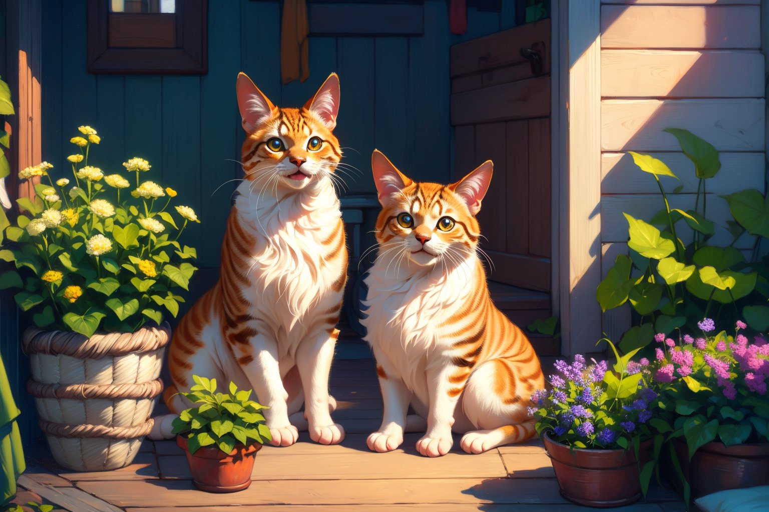 (best quality,ultra-detailed,cute animals,vivid colors,soft lighting,digital illustration,fluffy fur,playful expressions,adorable poses,dreamy atmosphere,colorful surroundings), (art by Makoto :1.5), digital art, child, cute cat, 16K, cool wallpaper, things, jasmine, pillows, clutter, toy, basket, wood, pot, can copper, garden yard, circle face, smile, sharp focus, HDR,Cosplay,onitsuka_natsumi_lovelivesuperstar,Add more details