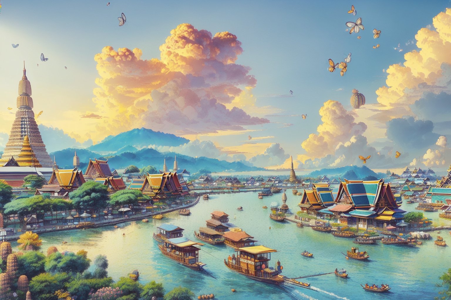 (1girl :1.5), front shot, adorable, (ultra detailed, ultra highres), (masterpiece, top quality, best quality, official art :1.4), (high quality:1.3), cinematic, wide shot, (muted colors, dim colors), A whimsical cityscape under a bright blue sky with fluffy clouds and butterflies. The city features traditional wooden buildings and a fantastical structure that combines a castle, a pagoda, (and a Ferris wheel). The colors are vibrant and detailed. (Thailand culture :1.4), 4k, Ghiblism2-Ghibli, GhiblismDetailed2, Ghiblismkw2 extremely detailed CG, photorealistic,Pastel color,flower