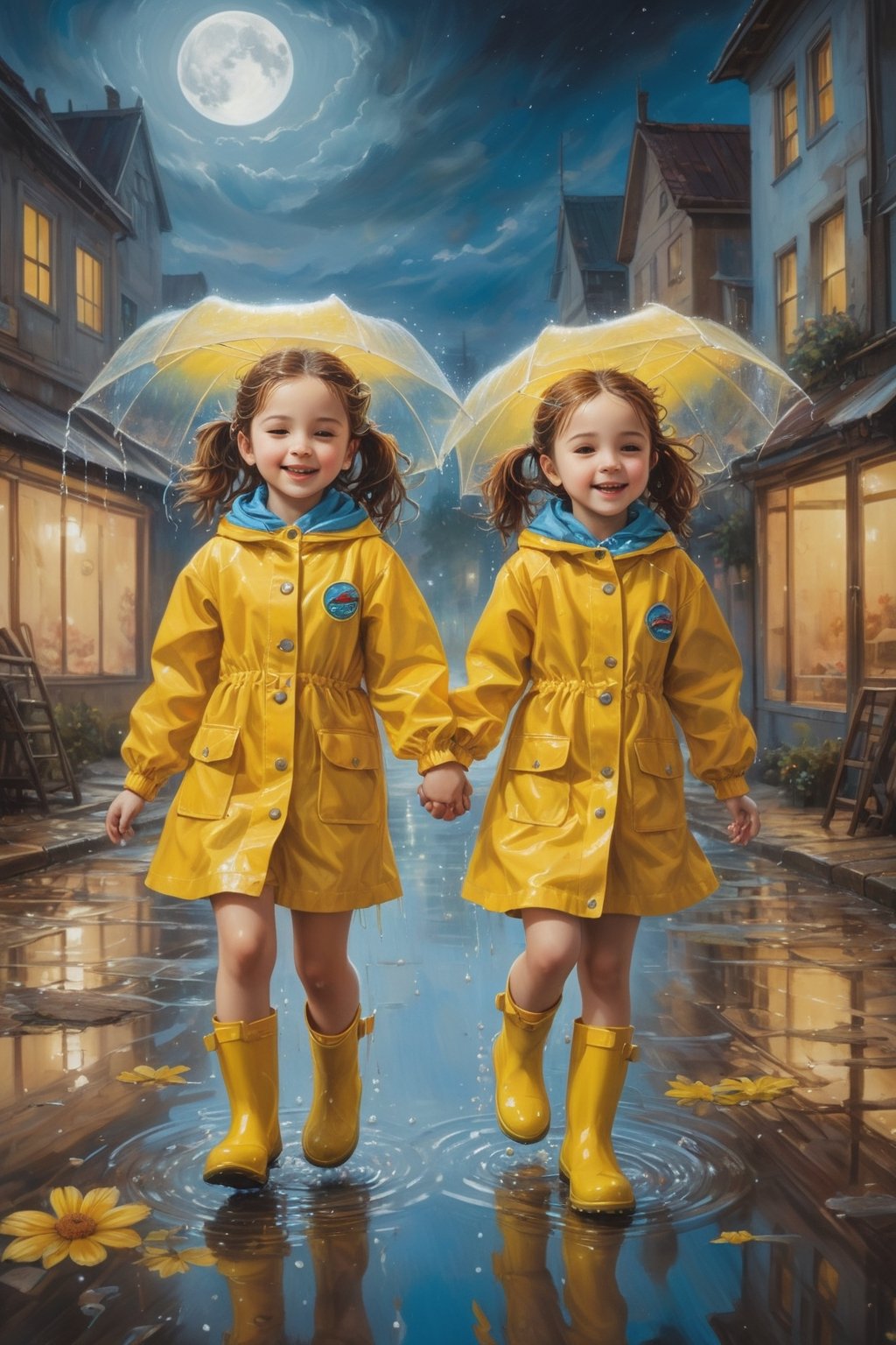 ultra detailed, (masterpiece, top quality, best quality, official art, beautiful and aesthetic:1.2),  Two girls playing in puddles wearing rain boots. In the center of the puddles,  there is a clear reflection of the transparent water surface with bright light reflecting upon it. The girls are dressed in yellow raincoats and wearing boots,  allowing them to play in the puddles without getting wet. One of them is an energetic girl with her hair tied up in pigtails,  while the other has cute short twin tails. Holding hands,  they jump and frolic,  creating splashes of water. The weather is fine after the rain,  and a vibrant rainbow stretches across the background,  creating a joyful atmosphere,  Dark night,  wind blowing,  stary night,  night sky,  absurderes,  high resolution,  Ultra detailed backgrounds,  highly detailed hair,  Calm tones,  (Geometry:1.42),  (Symmetrical background:1.4),  Photograph the whole body,  from below,  Backlighting of natural light,  falling petals,  the source of light is the moon light,  colorful wear,  (adorable difference face:1.4), (sharp focus:1.3), cyberpunk style,xxmixgirl, in the style of esao andrews,esao andrews style,esao andrews art