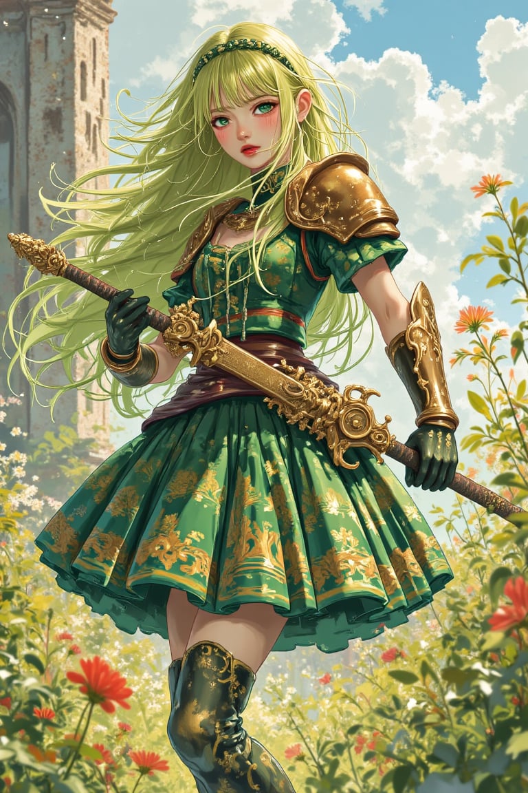 score_9, score_8_up, score_8, masterpiece, official art, ((ultra detailed)), (ultra quality), high quality, perfect face, 1 girl with long hair, blond-green hair with bangs, bronze eyes, detailed face, wearing a fancy ornate (((folk dress))), shoulder armor, armor, glove, hairband, hair accessories, striped, (holding the great weapon :1.4), jewelery, thighhighs, pauldrons, side slit, capelet, vertical stripes, looking at viewer, fantastical and ethereal scenery, daytime, church, grass, flowers. Intricate details, extremely detailed, incredible details, full colored, complex details, hyper maximalist, detailed decoration, detailed lines, best quality, HDR, dynamic lighting, perfect anatomy, realistic, more detail, Architecture, full juicy lips, perfect green eyes, (soft cute face),( fighting:1.4), open legs,