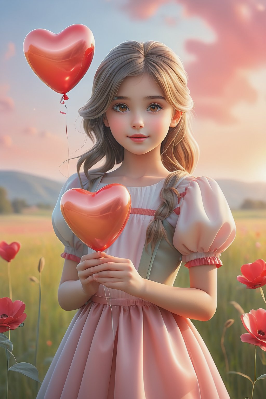 (masterpiece), (absurdres:1.3), (ultra detailed), HDR, UHD, 16K, ray tracing, vibrant eyes, perfect face, award winning photo, A silhouette of a young girl with flowing hair, standing in a field. She holds a red heart-shaped object, possibly a flower, in her hand. The background is framed within a heart shape, with a gradient of colors transitioning from a light beige at the top to a darker hue at the bottom. The overall mood of the image is serene and dreamy, evoking feelings of love and tranquility., painting, conceptual art, illustration shiny skin, (shy blush:1.1), (dynamic action pose:1.3) ,slightly smile, lens flare, photo quality, big dream eyes, ((perfect eyes, perfect fingers)) ,kawaii, (Sharp focus realistic illustration:1.2), adorable, (balloon:1.2)