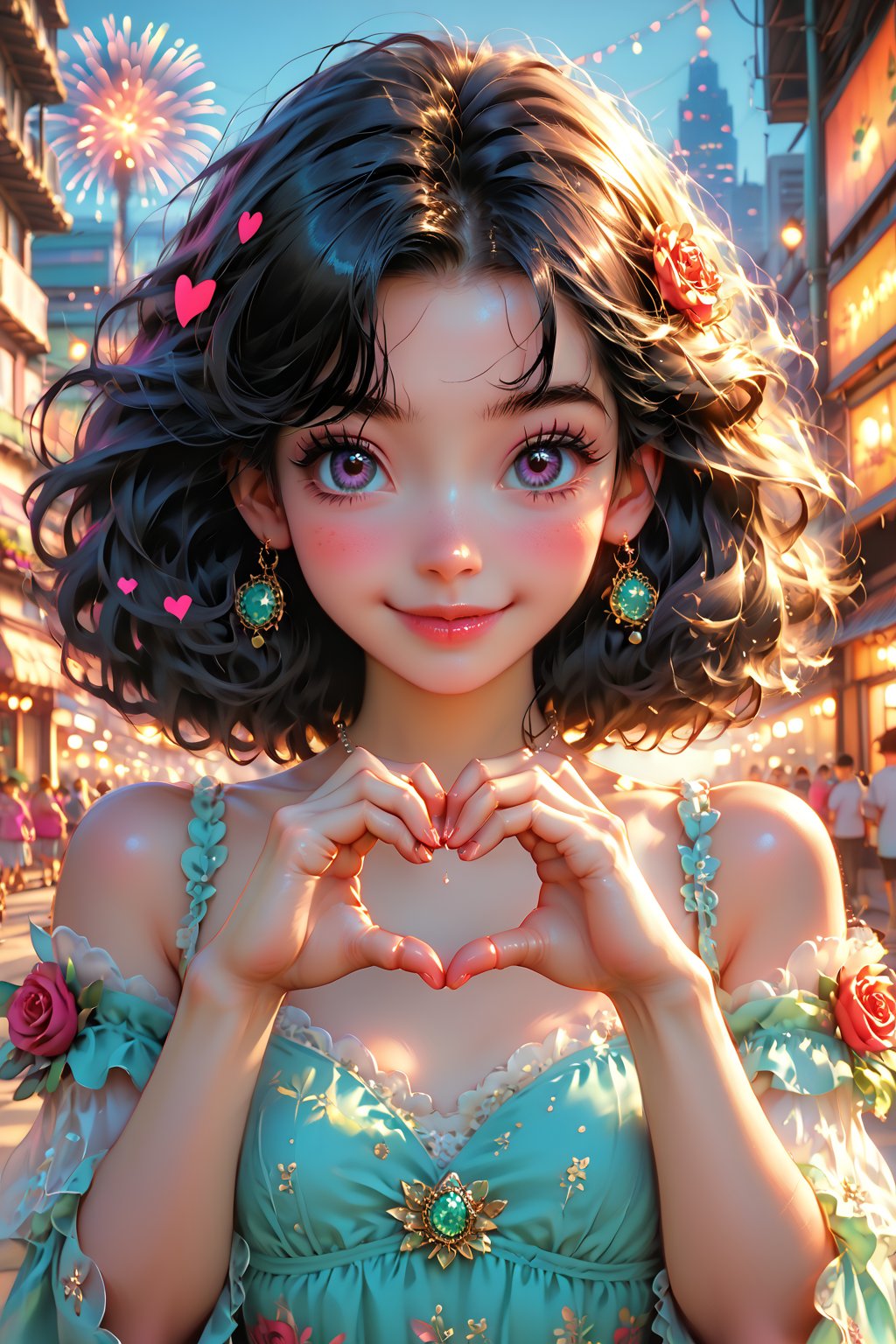 (best quality),(masterpiece:1.1),(extremely detailed CG unity wallpaper:1.1), (colorful:1.2),(panorama shot:1.4),looking at viewer,from above,2 girls ,15yo, (Disney cosplay :1.4), (Disney land Tokyo background :1.4), adorable hair, fun, smile, flowers (innocent grey), 16K, UHD, HDR, rose, twilight, perfect shadow, (perfect fingers :1.4), perfect face, five fingers for each hand, (heart hands pose :1.4), FANTASY , fireworks, score_9, score_8_up, score_7_up, 