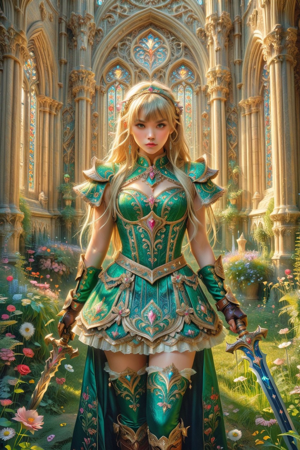 masterpiece, official art, ((ultra detailed)), (ultra quality), high quality, perfect face, 1 girl with long hair, blond-green hair with bangs, bronze eyes, detailed face, wearing a fancy ornate (((folk dress))), shoulder armor, armor, glove, hairband, hair accessories, striped, (holding the great weapon:1.37), jewelery, thighhighs, pauldrons, side slit, capelet, vertical stripes, looking at viewer, fantastical and ethereal scenery, daytime, church, grass, flowers. Intricate details, extremely detailed, incredible details, full colored, complex details, hyper maximalist, detailed decoration, detailed lines, best quality, HDR, dynamic lighting, perfect anatomy, realistic, more detail,
,Architectural100,style