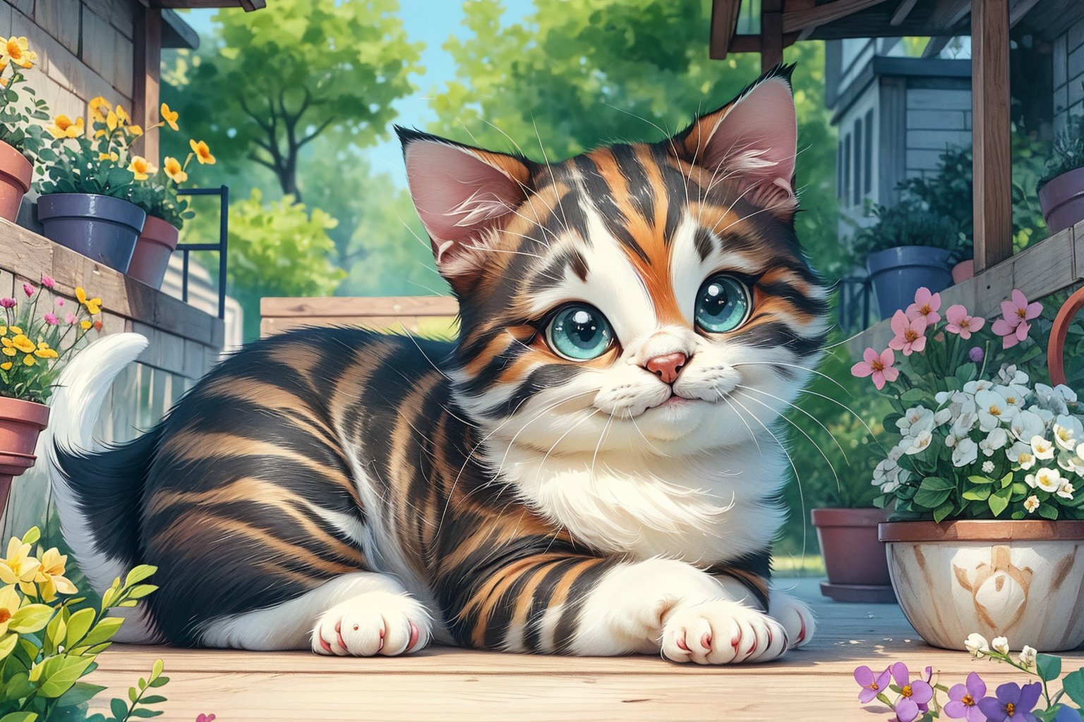 (best quality,ultra-detailed,cute animals,vivid colors,soft lighting,digital illustration,fluffy fur,playful expressions,adorable poses,dreamy atmosphere,colorful surroundings), (art by Makoto :1.5), digital art, child, cute cat, 16K, cool wallpaper, things, jasmine, pillows, clutter, toy, basket, wood, pot, can copper, garden yard, circle face, smile, sharp focus, HDR, cute hair,onitsukaAdd more details