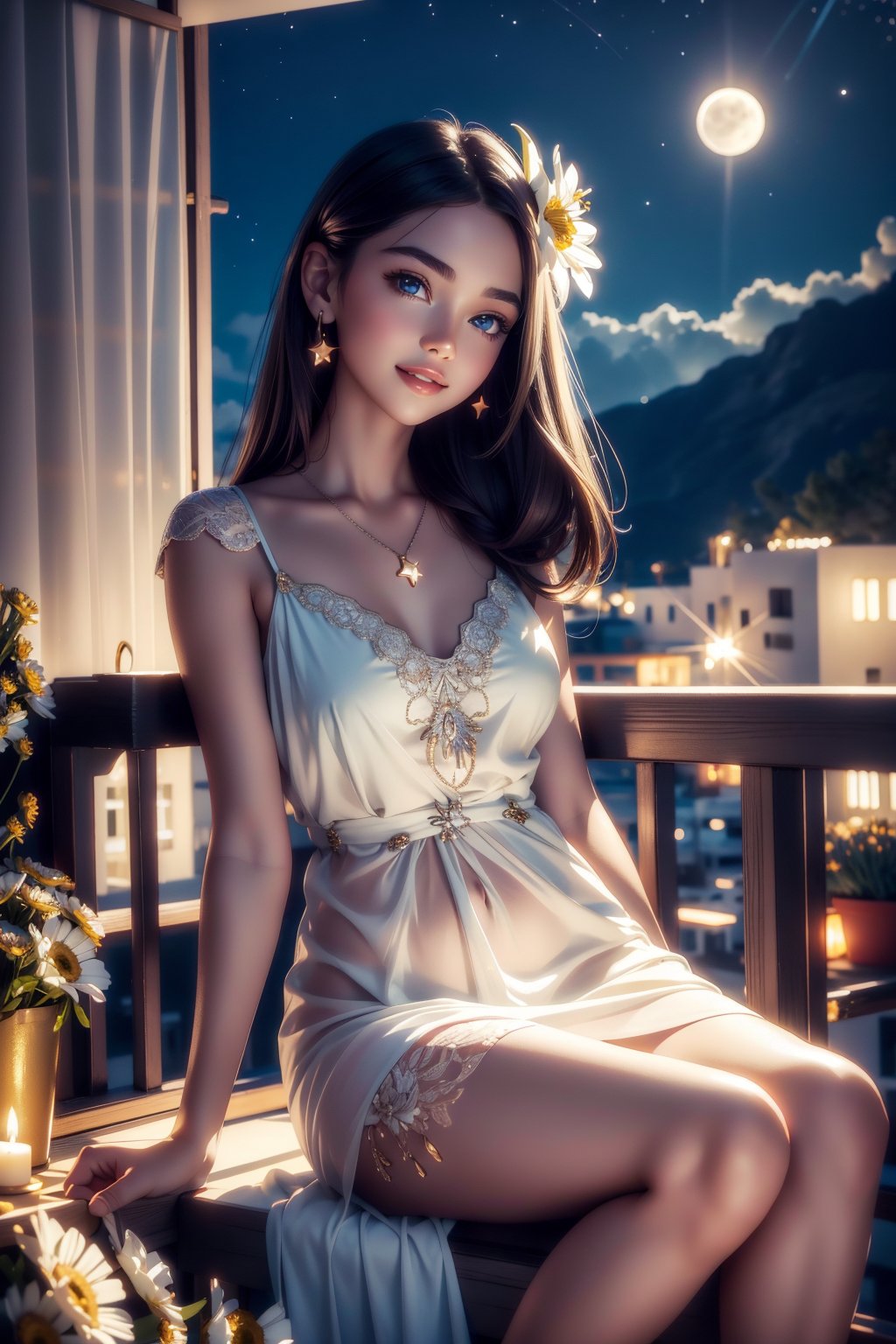 Child face, (mid shot:0.95), (full body:1.25), Dynamic angle, ((Balcony)), (nature), (depth of field), amazing, growth, solo, lens flare, (sitting, admiring the flowers and the moon), ((happy dynamic pose)), (long shiny hair, simple style transparent dress, hair flower, shiny skin, crystal clear clothes), bare legs, barefoot, Startrail, potted plant, hanging potted the plants, between lamp, potted smallpox, blighting stars, night, elegant, night sky, extremely delicate and beautiful sky, shiny, nebula, star, galaxy, meteor, meteor shower, close-up, petals floating, many flowers, garden, glow worm, daisy, carnation, lavender, lily, chrysanthemum, rose), (looking at viewer),
 8k, masterpiece, RAW photo, best quality, photorealistic, extremely detailed CG unity, Depth of field, Cinematic Light, Lens Flare, Ray tracing, (extremely beautiful face, beautiful lips, beautiful eyes), intricate detail face, ((ultra detailed skin)) 1girl, in the dark, deep shadow, pretty girl,(slender body), ((looking at viewer)),(big smile), (fashion city), (neon sign), (blurry background), white diamond earrings, dia bracelets, dia necklace, clear eyes, walking, (big eyes), good teeth, perfect body, perfect anatomy,xewx