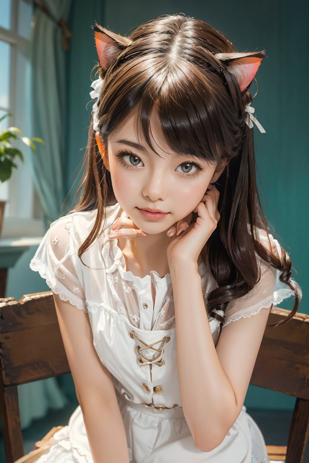 kawaii, (Realistic: 1.2), (illustration: 1.2), full body, (masterpiece:1.4), (best quality:1.1), high resolution illustration, coloful, intricate details, cinematic light, depth of field, (finely detailed face), (beautiful face:1.3), (extra wide shot:1.3), (white blouse:1.3), cute skirt, ((ultra-detailed hair)), brilliant color, 8K, 16K, UHD, HDR, 1girl , (official art :1.2), maid dress with cat ears,pet pose,paws, in pets cafe, 