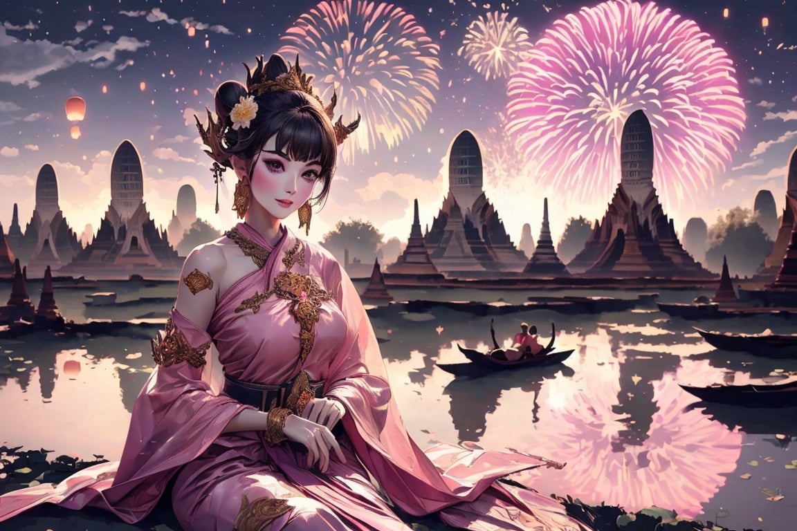 (((Night:1.5))), (masterpiece, best quality, ultra-detailed, 8K), 1 girl, solo, (realistic, illustration :1.2), cgi art, (((fireworks and lanterns background))),  UHD), brilliant color, rim light, Floating basket,  Sit nearby river, ((extra wide shot))

(Celebrating Loy Krathong in Thailand:1.5), (full moon:1.4), The sky is filled with beautiful lanterns ,Loy Krathong Festival, (Loy Krathong),

(Perfect shadow, perfect lighting),  ((bombshell hair or bun hair with bangs)), brown hair, rosy skin, perfect anatomy, (angle below:1.4)
((Purple-pink color, layers thai traditional dress)), 
(Lotus :1.2), (pink sabai),(jewelry:1.2), (linekanok pattern:1.25), dress,  (((long sleeve)) ,linevichit, dark tone Dress, sabai, (Sabai:1.6), Sabai,Extremely Realistic, night sky view background,Thai Dress,Sabai,moon,sitting moon,floating lantern,