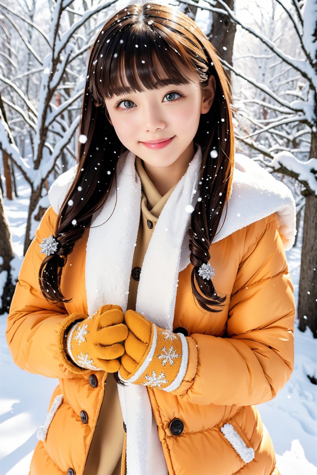 (best quality:1.05), 1girl, winter clothes, detailed clothes, high quality winter clothes, intricate detail, mittens, smiling, cold, forest village, snow, snowing, sun rays, shining, dawn, setting sun, cat ears, orange eyes, white winter jacket, dynamic lighting, intricate detail,