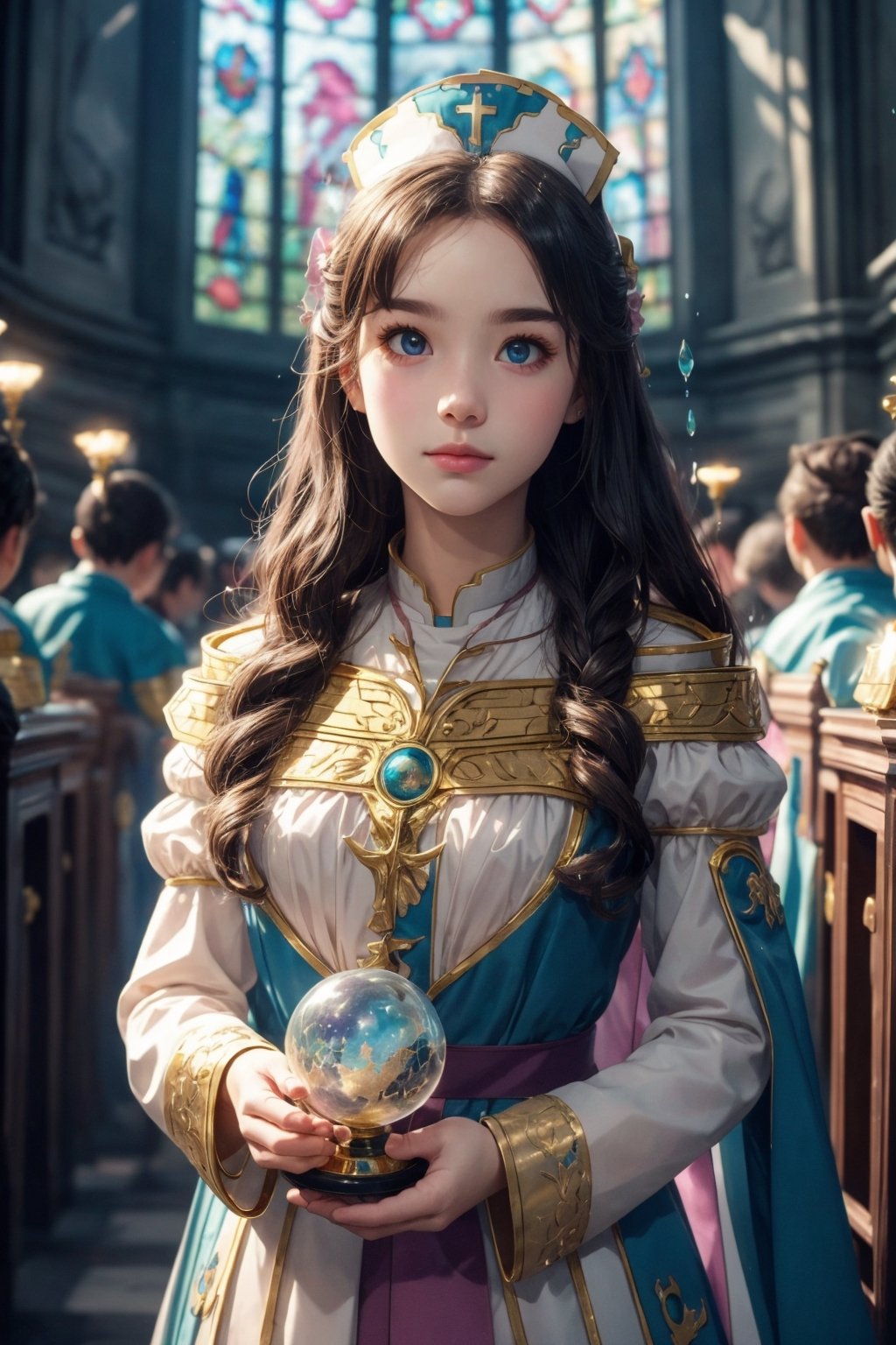 1girl, solo, (masterpiece), (absurdres:1.3), (ultra detailed), HDR, UHD, 16K, ray tracing, vibrant eyes, perfect face, award winning photo, beautiful, shiny skin, (highly detailed), clear face, teenage cute delicate girl, (shy blush:1.1), (high quality, high res, aesthetic:1.1), (dynamic action pose:1.3) ,slightly smile, lens flare, photo quality, big dream eyes, ((perfect eyes, perfect fingers)), iridescent brown hair, vivid color, perfect lighting, perfect shadow, realistic, stunning light, (atmosphere :1.6), nice hands, insane details ,high details ,kawaii, (extra wide shot: 1.8)

(Sharp focus realistic illustration:1.2), a giant glass sphere containing a small ecosystem, surrounded by measurement devices is installed in large-scale factory, a girl Priest stands next to the sphere, divine magic, sacred texts, ceremonial robes, incense, healing spells, blessing rituals, BREAK intricate illustrations, delicate linework, fine details, whimsical patterns, enchanting scenes, dreamy visuals, captivating storytelling, church and stain glass background, messy interior, book, elemental, feature,flower, ((pink gold style)),more detail 