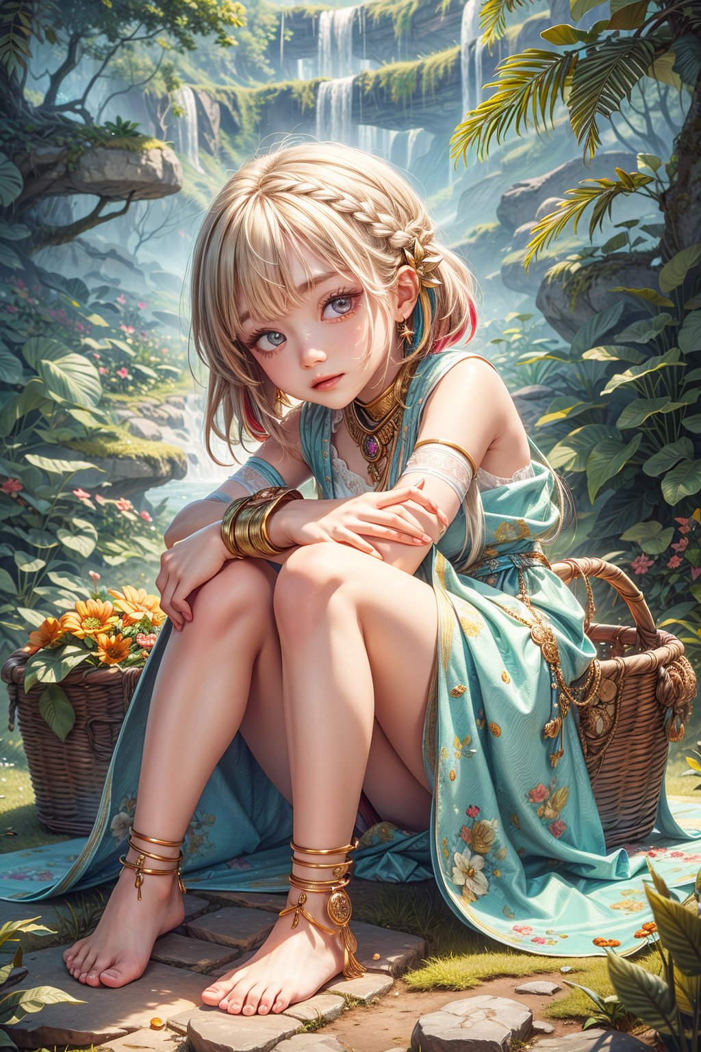 (best quality),(masterpiece:1.1),(extremely detailed CG unity wallpaper:1.1), (colorful cloth :1.3),(panorama shot:1.4),looking at viewer, from below, high res, detailed face, detailed eyes, 1 girl, solo, short-bob roughtly cut and two braided hair-bangs tied behind her head, cute hairstyle, full body, mountain forest , outdoors, (perfect fingers :1.4), perfect face, five fingers for each hand, fantasy, hugging basket , Exquisite face,