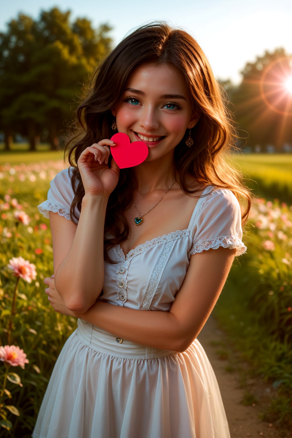 (masterpiece), (absurdres:1.3), (ultra detailed), HDR, UHD, 16K, ray tracing, vibrant eyes, perfect face, award winning photo, A silhouette of a young girl with flowing hair, standing in a field. She holds a red heart-shaped object, possibly a flower, in her hand. The background is framed within a heart shape, with a gradient of colors transitioning from a light beige at the top to a darker hue at the bottom. The overall mood of the image is serene and dreamy, evoking feelings of love and tranquility., painting, conceptual art, illustration shiny skin, (shy blush:1.1), (dynamic action pose:1.3) ,slightly smile, lens flare, photo quality, big dream eyes, ((perfect eyes, perfect fingers)) ,kawaii, (Sharp focus realistic illustration:1.2), adorable,