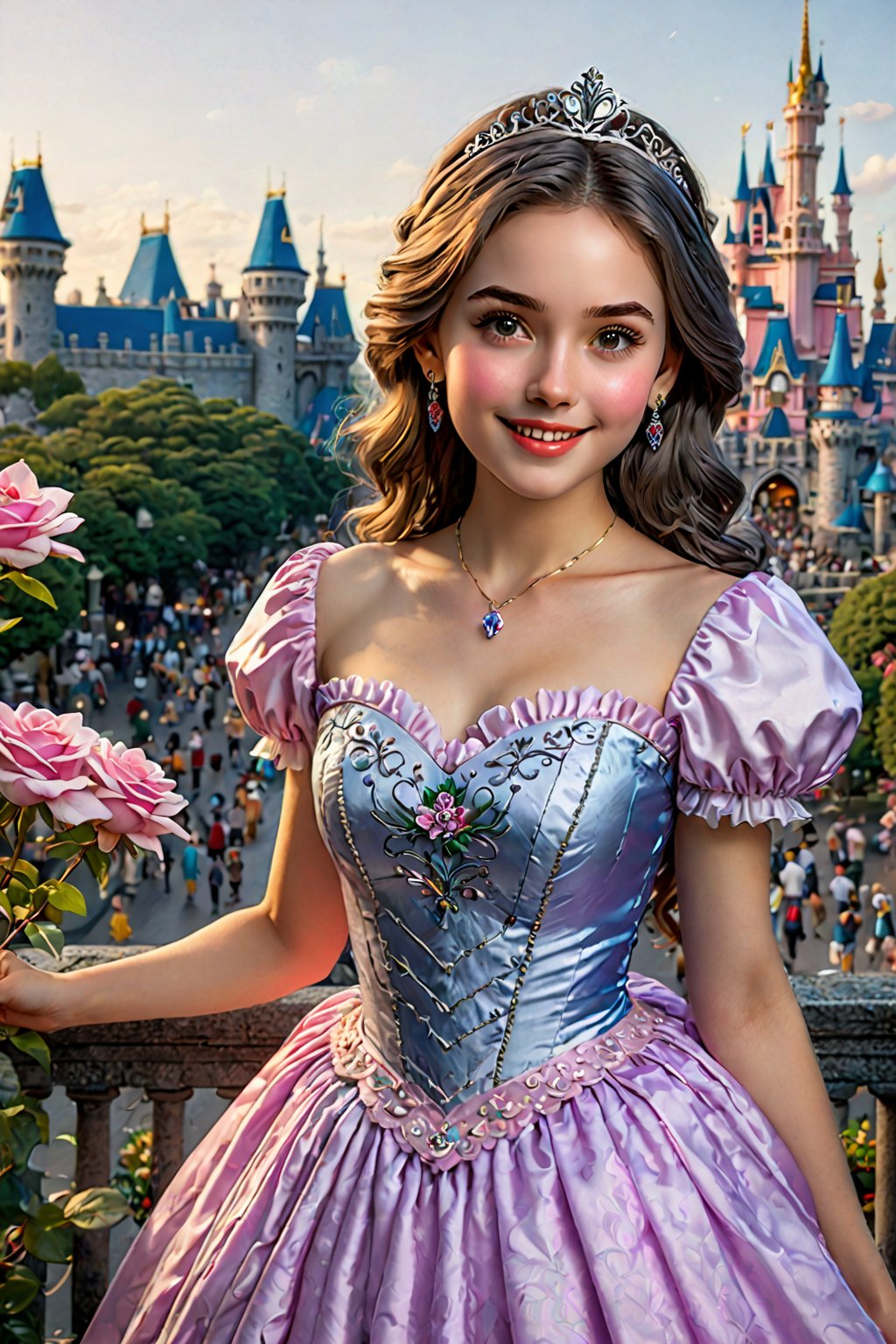 (best quality),(masterpiece:1.1),(extremely detailed CG unity wallpaper:1.1), (colorful:0.9),(panorama shot:1.4),upper body,looking at viewer,from above,2 girls ,15yo, (Disney princess costume:1.6), (Disney land Tokyo background :1.4), fun, smile, flowers (innocent grey), 16K, UHD, HDR, rose, twilight, perfect shadow, perfect fingers, perfect face, (dynamic funny pose :1.4),portrait,style,2b-Eimi,extremely detailed