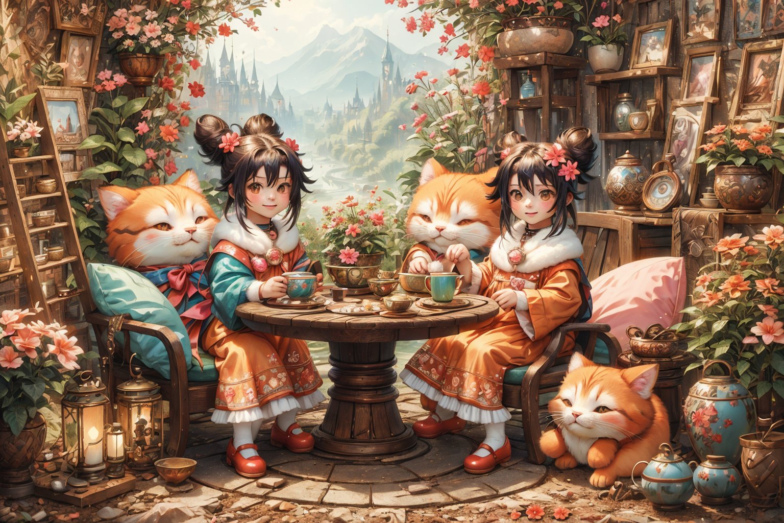 (best quality,ultra-detailed,cute animals,vivid colors,soft lighting,digital illustration,fluffy fur,playful expressions,adorable poses,dreamy atmosphere,colorful surroundings), (art by Makoto :1.5), (hair bun, cute hair), digital art, child, cute cat, 16K, cool wallpaper, things, jasmine, pillows, clutter, toy, basket, wood, pot, can copper, garden yard, circle face, smile, sharp focus, HDR, Add more details