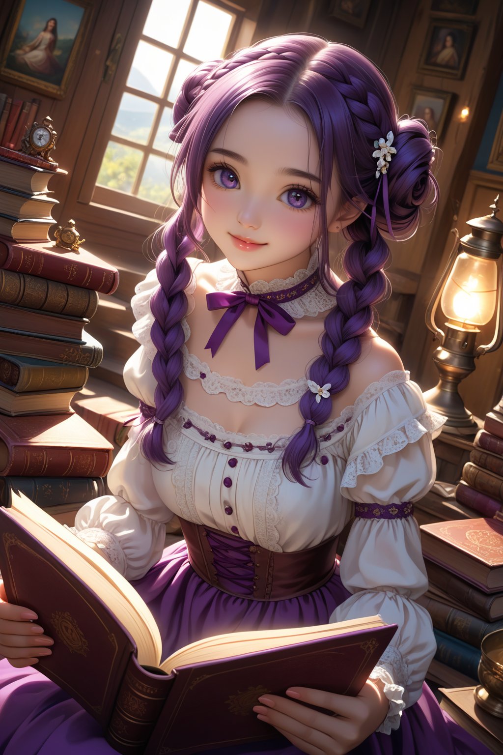 beautiful details, perfect focus,high resolution, exquisite texture in every detail, looking at viewer, blush, smile, bangs, copper eyes, hair ornament, purple hair, hair rings, twin braids, hair ribbon, hair between eyes, 
adorable girl dressed in a (Bisque Doll-like girl outfit: 1.1) The charming ensemble features a frilly collar and cuffs, with delicate lace details, ((1girl 15yo)), (female child, loli:1.3),  ((waist up body of Dilraba Dilmurat)), (Realistic: 1.2), (illustration: 1.2), (perfect eyes:1.3, perfect face:1.3), long eyelashes, perfect lighting, perfect shading, (best quality, masterpieces), (realphoto , photographic, 35mm f2.0:1.4),(Western, old school :1.2), fantasy, (beautiful girl:1.2), (beautiful face:1.2), (Small room, cluttered room, stairs:1.2),(book:1.6), Books are scattered all over the place, colorful dynamic, (sitting_on_stairs:0), sitting, (reading a book, looking at book,looking at another:1.4), expressionless, dutch angle, barefoot, side lighting, dynamic color hair,
(ultra-detailed, vivid colors,soft lighting, digital illustration) expressions, (dreamy atmosphere, colorful surroundings), digital art, 8K, 16K, cool wallpaper, things, jasmine, pillows, clutter, wood toy, sharp focus, HDR, Add more details,perfect fingers,