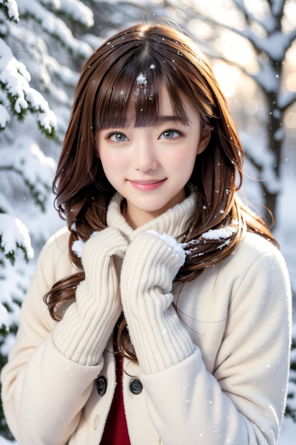 (best quality:1.05), 1girl, winter clothes, detailed clothes, high quality winter clothes, intricate detail, mittens, smiling, cold, forest village, snow, snowing, sun rays, shining, dawn, setting sun, cat ears, orange eyes, white winter jacket, dynamic lighting, intricate detail,