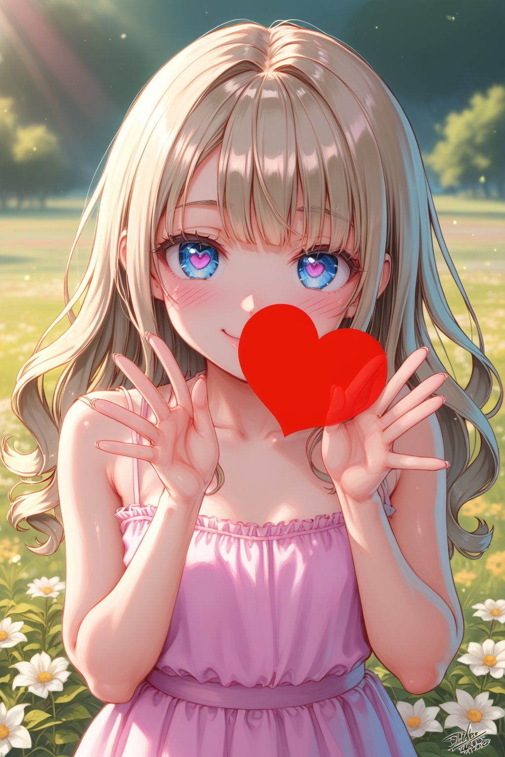 (masterpiece), (absurdres:1.3), (ultra detailed), HDR, UHD, 16K, ray tracing, vibrant eyes, perfect face, award winning photo, A silhouette of a young girl with flowing hair, standing in a field. She holds a red heart-shaped object, possibly a flower, in her hand. The background is framed within a heart shape, with a gradient of colors transitioning from a light beige at the top to a darker hue at the bottom. The overall mood of the image is serene and dreamy, evoking feelings of love and tranquility., painting, conceptual art, illustration shiny skin, (shy blush:1.1), (dynamic action pose:1.3) ,slightly smile, lens flare, photo quality, big dream eyes, ((perfect eyes, perfect fingers)) ,kawaii, (Sharp focus realistic illustration:1.2), adorable,