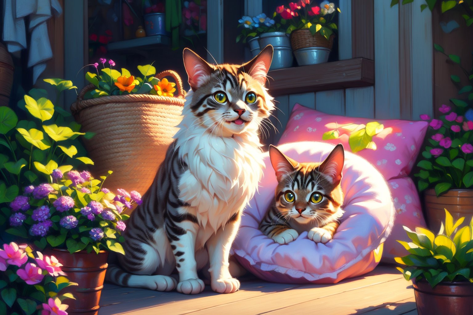 (best quality,ultra-detailed,cute animals,vivid colors,soft lighting,digital illustration,fluffy fur,playful expressions,adorable poses,dreamy atmosphere,colorful surroundings), (art by Makoto :1.5), digital art, child, cute cat, 16K, cool wallpaper, things, jasmine, pillows, clutter, toy, basket, wood, pot, can copper, garden yard, circle face, smile, sharp focus, HDR,Cosplay,onitsuka_natsumi_lovelivesuperstar,Add more details