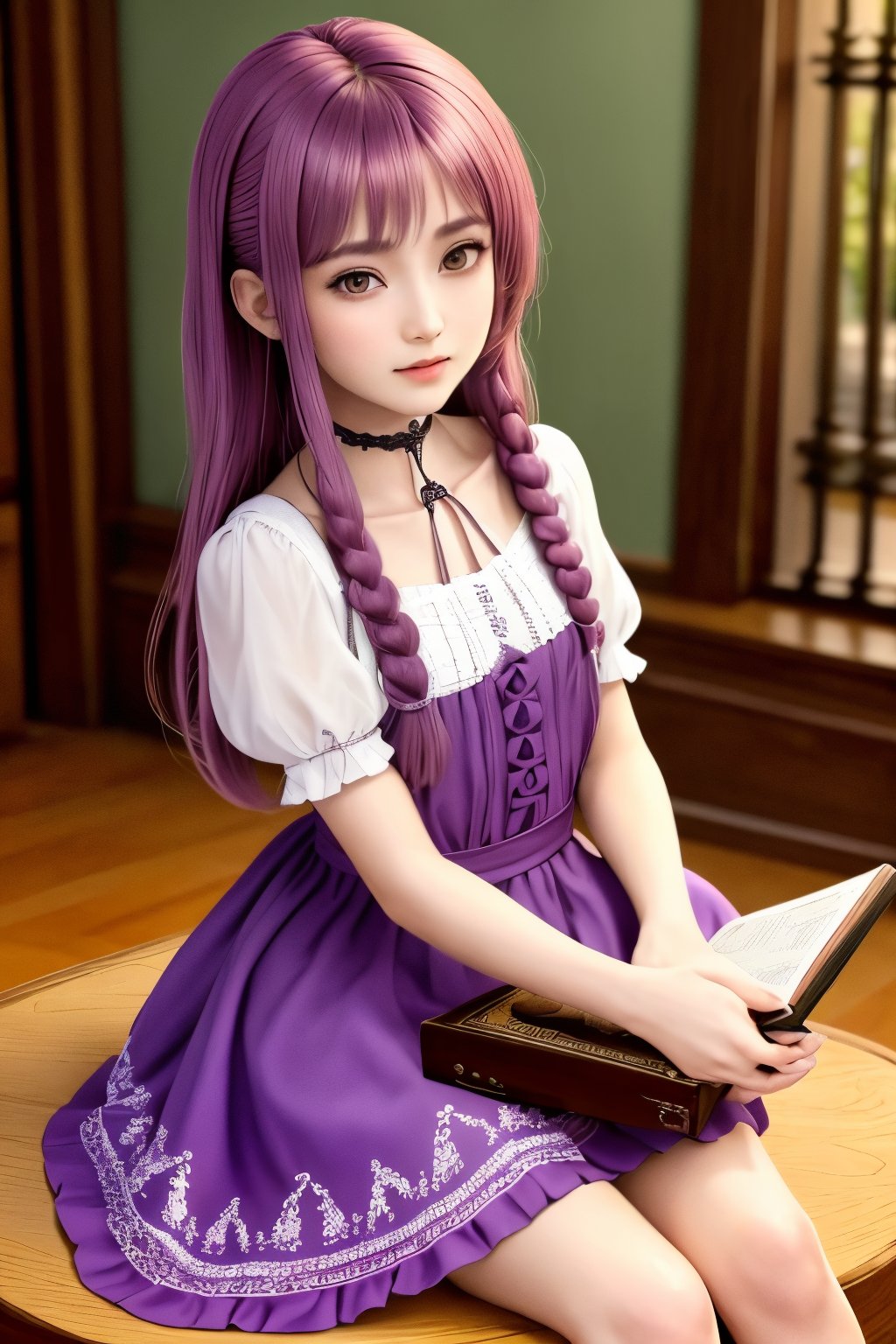 beautiful details, perfect focus,high resolution, exquisite texture in every detail, looking at viewer, blush, smile, bangs, copper eyes, hair ornament, purple hair, hair rings, twin braids, hair ribbon, hair between eyes, 
adorable girl dressed in a (Bisque Doll-like girl outfit: 1.1) The charming ensemble features a frilly collar and cuffs, with delicate lace details, ((1girl 15yo)), (female child, loli:1.3),  ((waist up body of Dilraba Dilmurat)), (Realistic: 1.2), (illustration: 1.2), (perfect eyes:1.3, perfect face:1.3), long eyelashes, perfect lighting, perfect shading, (best quality, masterpieces), (realphoto , photographic, 35mm f2.0:1.4),(Western, old school :1.2), fantasy, (beautiful girl:1.2), (beautiful face:1.2), (Small room, cluttered room, stairs:1.2),(book:1.6), Books are scattered all over the place, colorful dynamic, (sitting_on_stairs:0), sitting, (reading a book, looking at book,looking at another:1.4), expressionless, dutch angle, barefoot, side lighting, dynamic color hair,
(ultra-detailed, vivid colors,soft lighting, digital illustration) expressions, (dreamy atmosphere, colorful surroundings), digital art, 8K, 16K, cool wallpaper, things, jasmine, pillows, clutter, wood toy, sharp focus, HDR, Add more details,