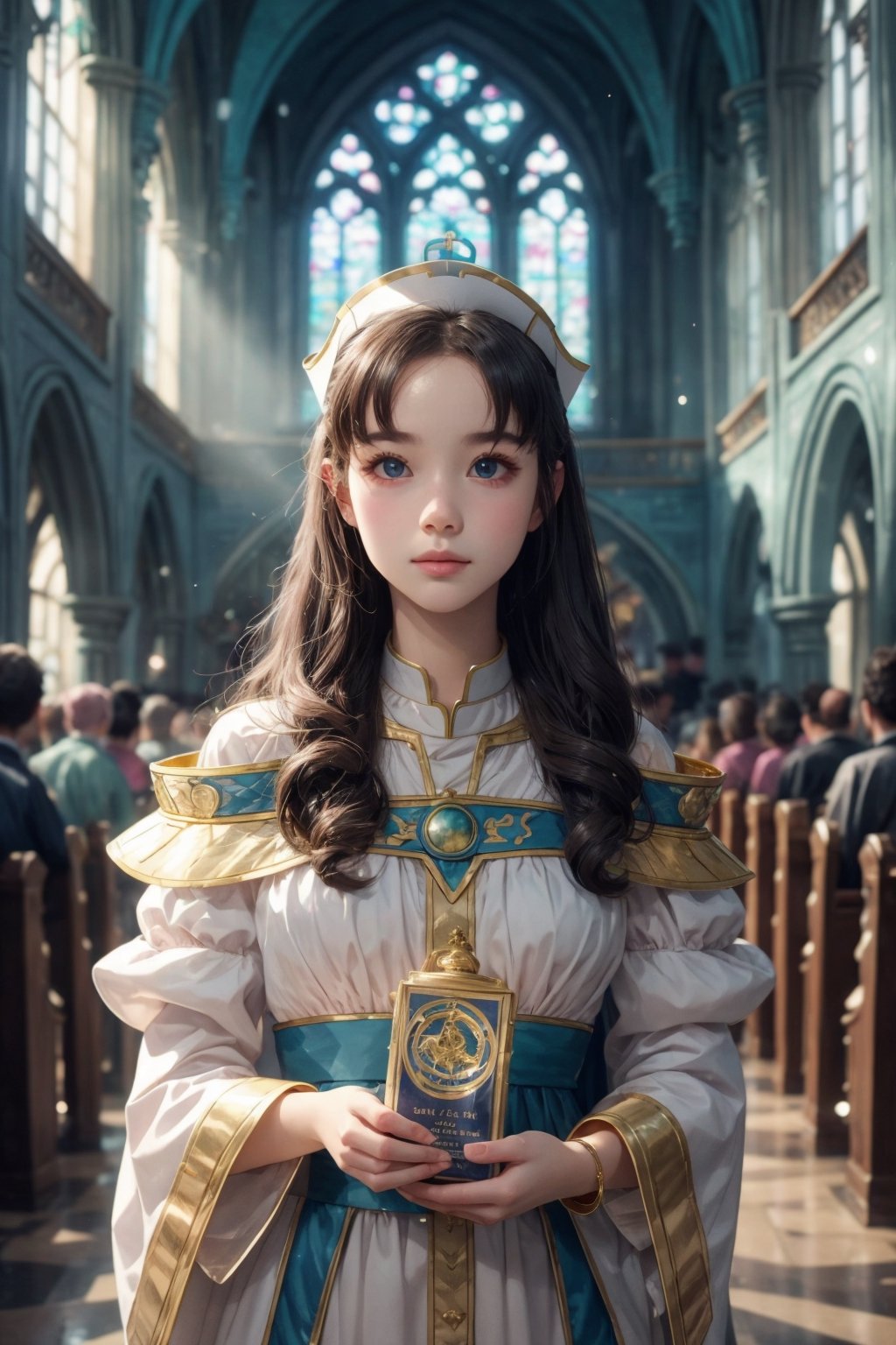 1girl, solo, (masterpiece), (absurdres:1.3), (ultra detailed), HDR, UHD, 16K, ray tracing, vibrant eyes, perfect face, award winning photo, beautiful, shiny skin, (highly detailed), clear face, teenage cute delicate girl, (shy blush:1.1), (high quality, high res, aesthetic:1.1), (dynamic action pose:1.3) ,slightly smile, lens flare, photo quality, big dream eyes, ((perfect eyes, perfect fingers)), iridescent brown hair, vivid color, perfect lighting, perfect shadow, realistic, stunning light, (atmosphere :1.6), nice hands, insane details ,high details ,kawaii, (extra wide shot: 1.8)

(Sharp focus realistic illustration:1.2), a giant glass sphere containing a small ecosystem, surrounded by measurement devices is installed in large-scale factory, a girl Priest stands next to the sphere, divine magic, sacred texts, ceremonial robes, incense, healing spells, blessing rituals, BREAK intricate illustrations, delicate linework, fine details, whimsical patterns, enchanting scenes, dreamy visuals, captivating storytelling, church and stain glass background, messy interior, book, elemental, feature,flower, ((pink gold style)),more detail 