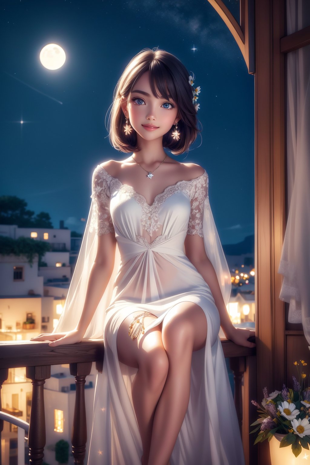 Child face, (mid shot:0.95), (full body:1.25), Dynamic angle, ((Balcony)), (nature), (depth of field), amazing, growth, solo, lens flare, (sitting, admiring the flowers and the moon), ((happy dynamic pose)), (long shiny hair, simple style transparent dress, hair flower, shiny skin, crystal clear clothes), bare legs, barefoot, Startrail, potted plant, hanging potted the plants, between lamp, potted smallpox, blighting stars, night, elegant, night sky, extremely delicate and beautiful sky, shiny, nebula, star, galaxy, meteor, meteor shower, close-up, petals floating, many flowers, garden, glow worm, daisy, carnation, lavender, lily, chrysanthemum, rose), (looking at viewer),
 8k, masterpiece, RAW photo, best quality, photorealistic, extremely detailed CG unity, Depth of field, Cinematic Light, Lens Flare, Ray tracing, (extremely beautiful face, beautiful lips, beautiful eyes), intricate detail face, ((ultra detailed skin)) 1girl, in the dark, deep shadow, pretty girl,(slender body), ((looking at viewer)),(big smile), (fashion city), (neon sign), (blurry background), white diamond earrings, dia bracelets, dia necklace, clear eyes, walking, (big eyes), good teeth, perfect body, perfect anatomy,xewx