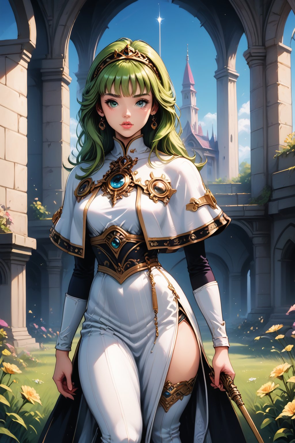 score_9, score_8_up, score_8, masterpiece, official art, ((ultra detailed)), (ultra quality), high quality, perfect face, 1 girl with long hair, blond-green hair with bangs, bronze eyes, detailed face, wearing a fancy ornate (((folk dress))), shoulder armor, armor, glove, hairband, hair accessories, striped, (holding the great weapon :1.4), jewelery, thighhighs, pauldrons, side slit, capelet, vertical stripes, looking at viewer, fantastical and ethereal scenery, daytime, church, grass, flowers. Intricate details, extremely detailed, incredible details, full colored, complex details, hyper maximalist, detailed decoration, detailed lines, best quality, HDR, dynamic lighting, perfect anatomy, realistic, more detail, Architecture, full juicy lips, perfect green eyes, (soft cute face)