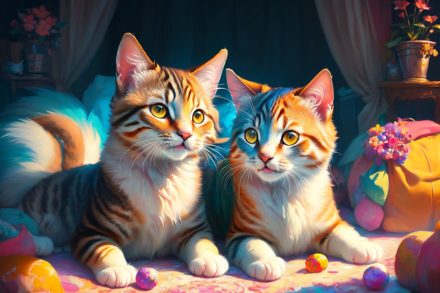 (best quality,ultra-detailed,cute animals,vivid colors,soft lighting,digital illustration,fluffy fur,playful expressions,adorable poses,dreamy atmosphere,colorful surroundings), (art by Makoto :1.5), digital art, child, cute cat, 16K, cool wallpaper, things, ,1girl,Albafantasy