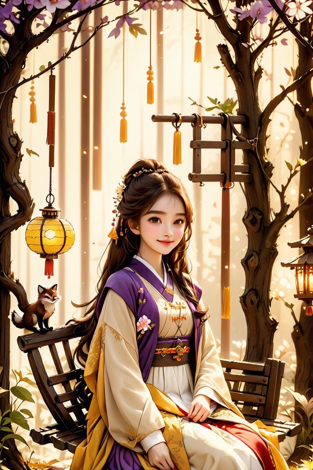 Beautiful 1girl, ((12 years old)), (masterpiece, top quality, best quality, official art, beautiful and aesthetic:1.2), (executoner), extreme detailed, colorful, highest detailed ((ultra-detailed)), (highly detailed CG illustration), ((an extremely delicate and beautiful)), cinematic light, niji style, Chinese house style, in the morning light, maple tree bloom, sunray through the leaves, beautiful eyes, ((light brown eyes)), perfect face, smiling happily, 32k ultra high definition, Pixar movie scene style, realistic high quality Portrait photography, eternal beauty, the lantern behind her emits a soft light, beautiful and dreamy, the flowers are in bloom, and the light bokeh serves as the background, (bronze eyes:1.4), ((purple and yellow hues)), cute animal winterhanfu, holding object, funny pose, (sitting on a tree swing:1.5), swing on swing, outside, fox near her,