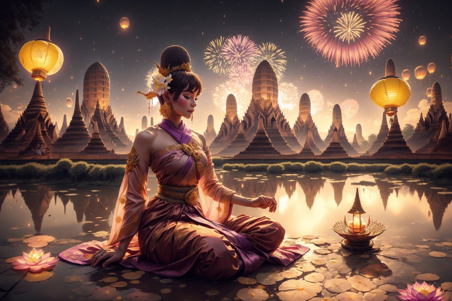 (((Night:1.5))), (masterpiece, best quality, ultra-detailed, 8K), 1 girl, solo, (realistic, illustration :1.2), cgi art, (((fireworks and lanterns background))),  UHD), brilliant color, rim light, Floating basket,  Sit nearby river, ((extra wide shot))

(Celebrating Loy Krathong in Thailand:1.5), (full moon:1.4), The sky is filled with beautiful lanterns ,Loy Krathong Festival, (Loy Krathong),

(Perfect shadow, perfect lighting),  ((bombshell hair or bun hair with bangs)), brown hair, rosy skin, perfect anatomy, (angle below:1.4)
((Purple-pink color, layers thai traditional dress)), 
(Lotus :1.2), (pink sabai),(jewelry:1.2), (linekanok pattern:1.25), dress,  (((long sleeve)) ,linevichit, dark tone Dress, sabai, (Sabai:1.6), Sabai,Extremely Realistic, night sky view background,Thai Dress,Sabai,moon,sitting moon,floating lantern,