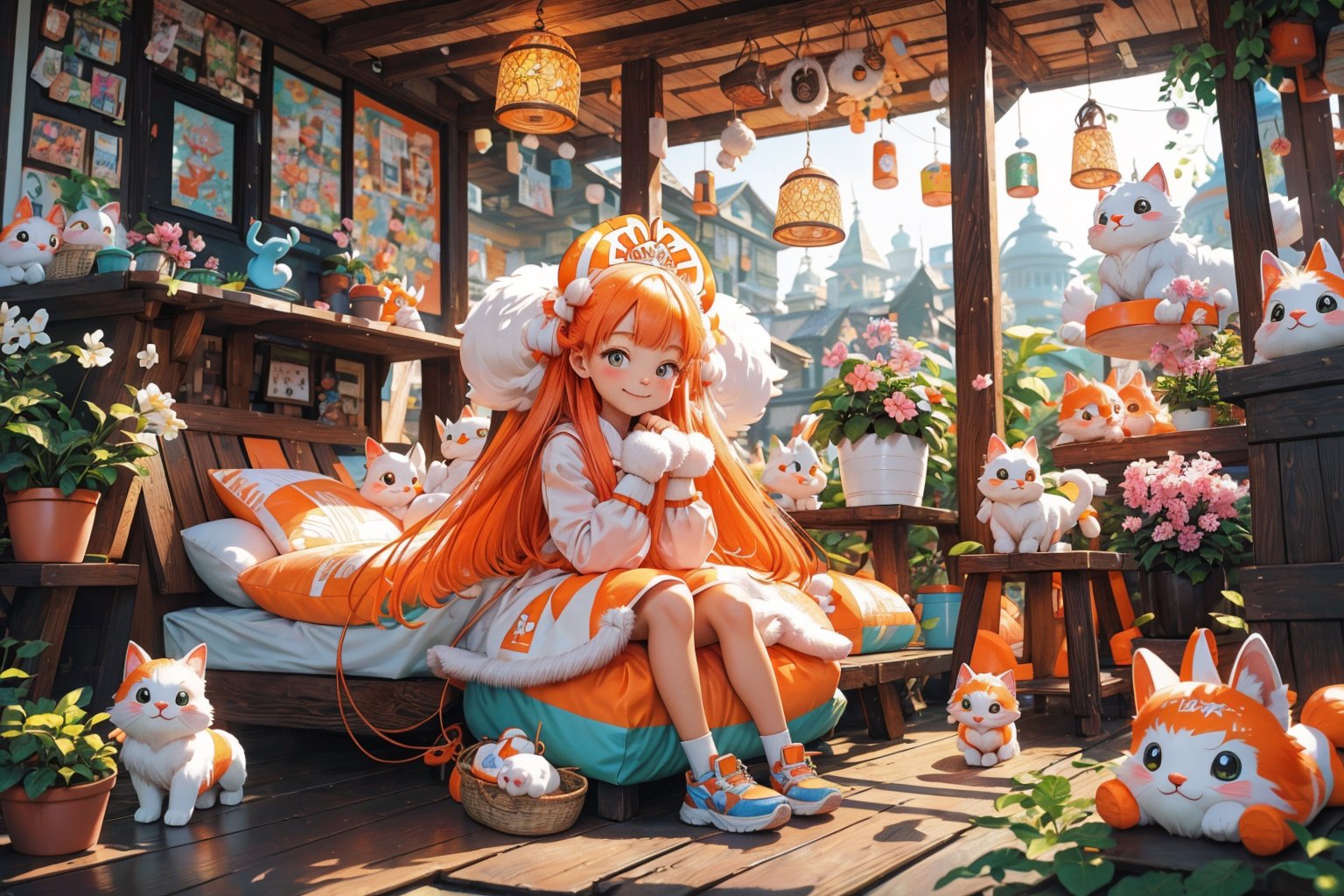 (best quality,ultra-detailed,cute animals,vivid colors,soft lighting,digital illustration,fluffy fur,playful expressions,adorable poses,dreamy atmosphere,colorful surroundings), (hime cut :1.5), digital art, child, cute cat, 16K, cool wallpaper, things, jasmine, pillows, clutter, toy, basket, wood, pot, can copper, garden yard, circle face, smile, sharp focus, HDR, (Straight hair, long hair), shoes,👟,Add more details