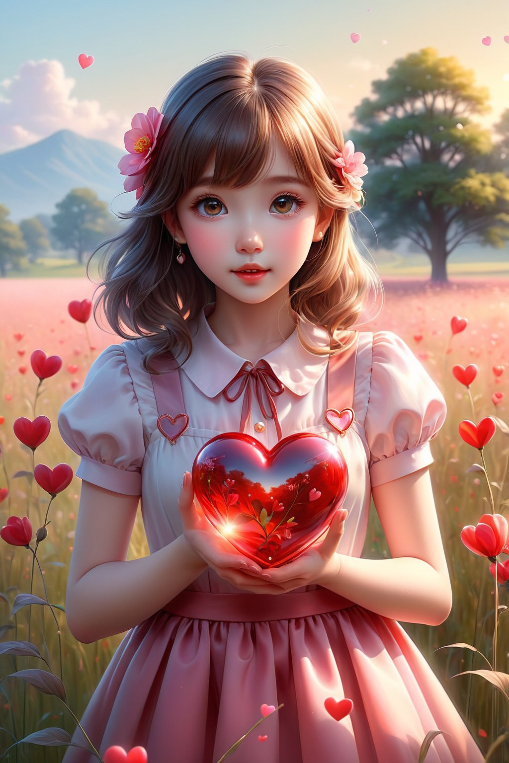 (masterpiece), (absurdres:1.3), (ultra detailed), HDR, UHD, 16K, ray tracing, vibrant eyes, perfect face, award winning photo, A silhouette of a young girl with flowing hair, standing in a field. She holds a red heart-shaped object, possibly a flower, in her hand. The background is framed within a heart shape, with a gradient of colors transitioning from a light beige at the top to a darker hue at the bottom. The overall mood of the image is serene and dreamy, evoking feelings of love and tranquility., painting, conceptual art, illustration shiny skin, (shy blush:1.1), (dynamic action pose:1.3) ,slightly smile, lens flare, photo quality, big dream eyes, ((perfect eyes, perfect fingers)) ,kawaii, (Sharp focus realistic illustration:1.2), adorable,