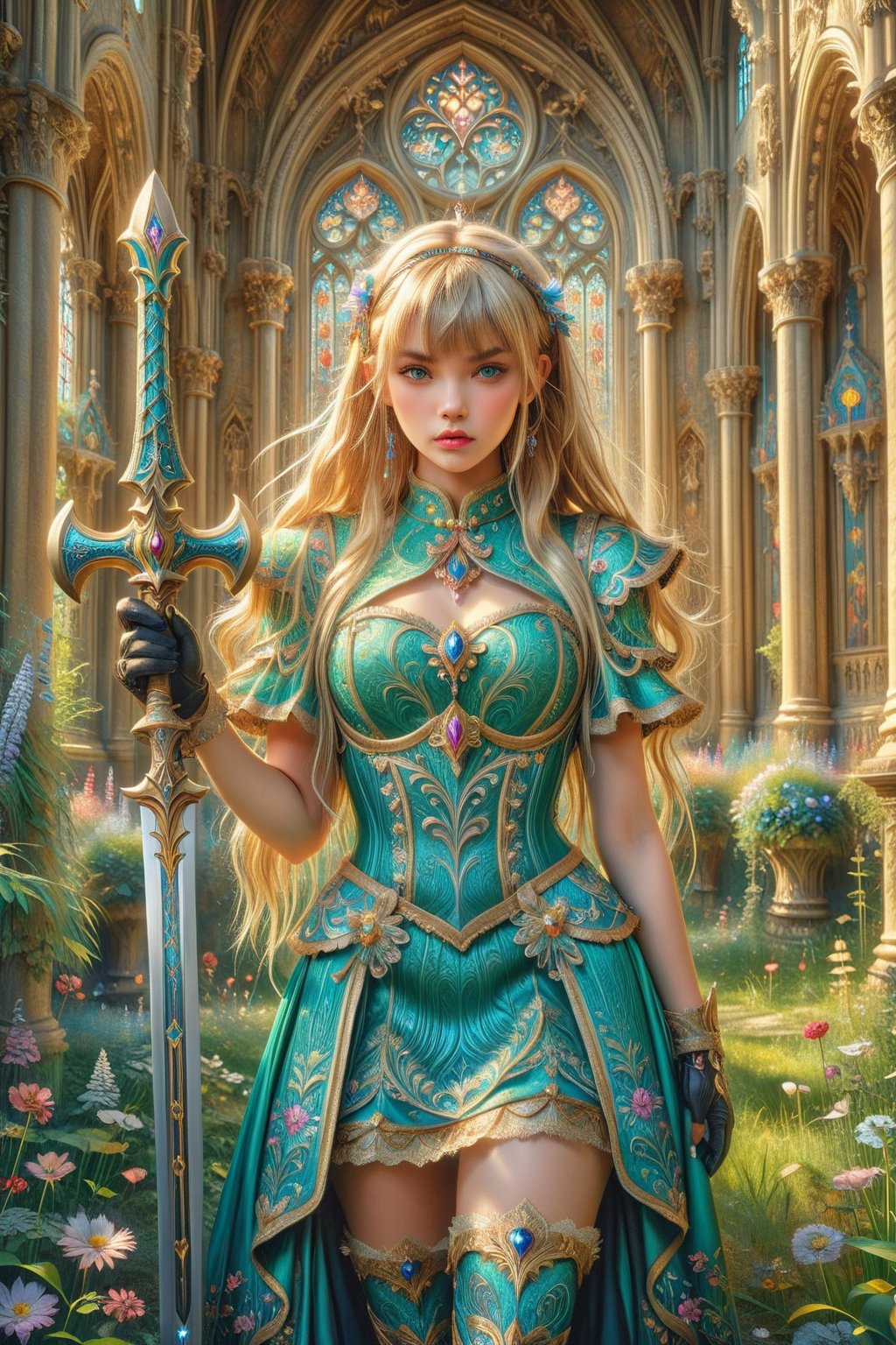 masterpiece, official art, ((ultra detailed)), (ultra quality), high quality, perfect face, 1 girl with long hair, blond-green hair with bangs, bronze eyes, detailed face, wearing a fancy ornate (((folk dress))), shoulder armor, armor, glove, hairband, hair accessories, striped, (holding the great weapon:1.37), jewelery, thighhighs, pauldrons, side slit, capelet, vertical stripes, looking at viewer, fantastical and ethereal scenery, daytime, church, grass, flowers. Intricate details, extremely detailed, incredible details, full colored, complex details, hyper maximalist, detailed decoration, detailed lines, best quality, HDR, dynamic lighting, perfect anatomy, realistic, more detail,
,Architectural100,style