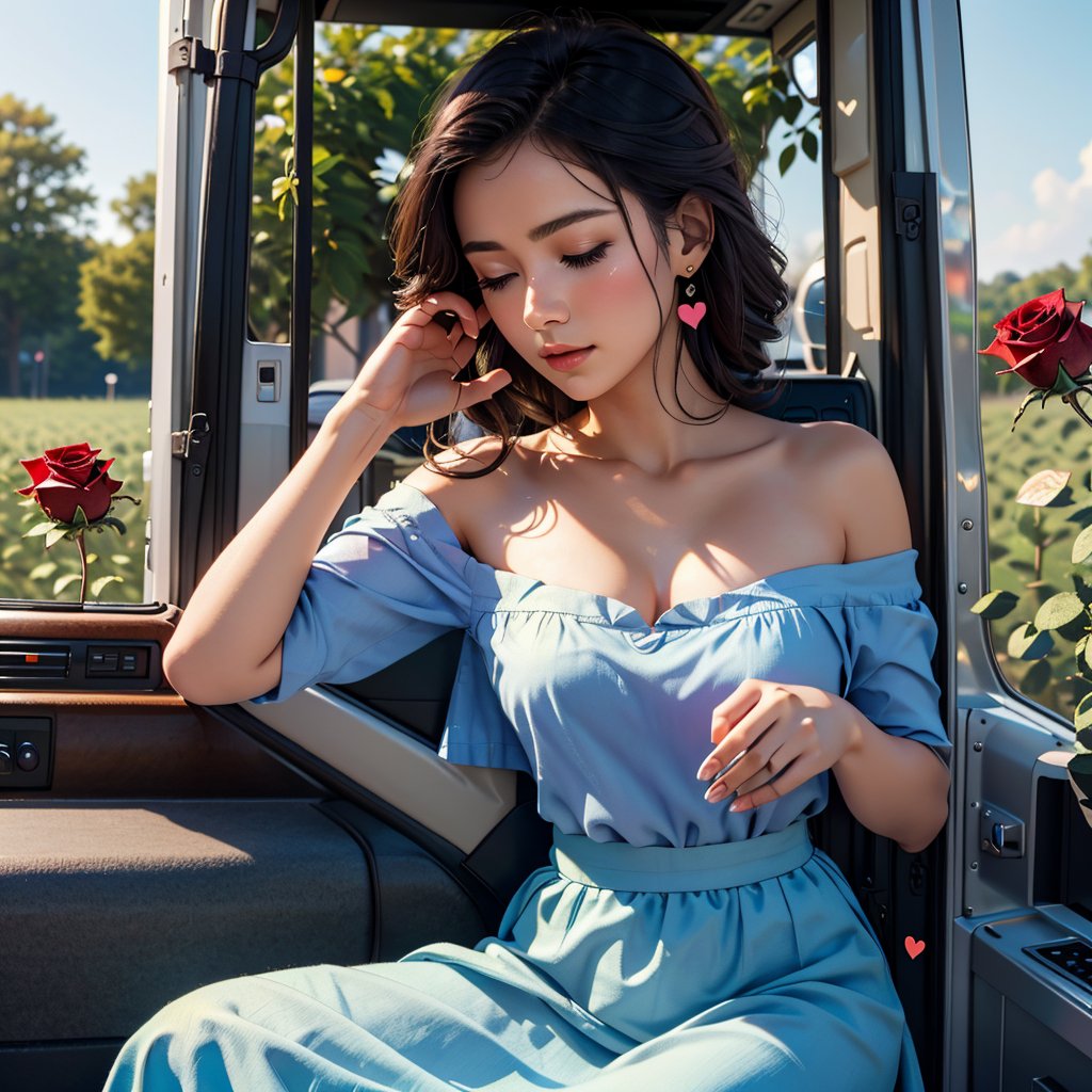 (close-shot photo:1.4) , falling petals, purple roses, multicolor rose, happiness, (action hearts:1.4), (full field roses :1.4), (blue rose in recreation Vehicle: 1.5), flowers, rose, Nature, colorful, exposure blend, medium shot, bokeh, high contrast, (muted colors, dim colors, soothing tones:1.3), low saturation, Adorable cloth, shiny, luxury red off the shoulder full skirt vintage swing dress, (high quality:1.3), (masterpiece, best quality:1.4), (ultra detailed, 8K, 4K, ultra highres), (Beautifully Detailed Face and Fingers), (Five Fingers) Each Hand, nice hands, (perfect fingers, perfect hands :1.3), sharp focus, professional dslr photo, (Photorealistic:1.4), UHD, HDR, volumetric fx, (((intricate details))), extremely detailed CG, cinematic photo, perfect photography, professional, perfect sky, shiny, glitter, gradient color all fluentcolor, (professional photograpy:1.1),Imaginative_Melodies