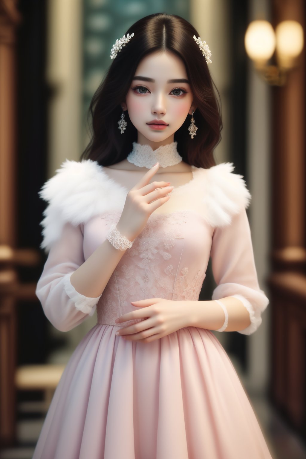 ultra detailed,  (masterpiece,  top quality,  best quality,  official art, perfect face:1.2),  UHD,(cinematic, azure and light pink:0.85), 32K, (Beautifully Detailed Face and Fingers), (Five Fingers) Each Hand,  (muted colors,  dim colors), vanilla dress, young beautiful girl, dynamic posing, old Library, magic, potions shop, art, 1girl, Haute_Couture,AoiDef,