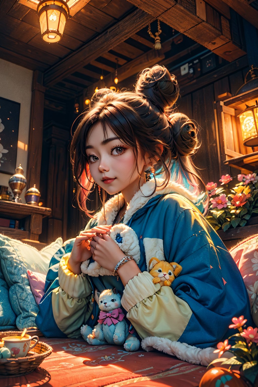 (best quality,ultra-detailed,cute animals,vivid colors,soft lighting,digital illustration,fluffy fur,playful expressions,adorable poses,dreamy atmosphere,colorful surroundings), (long hair with bun :1.5), digital art, child, cute cat, 16K, cool wallpaper, things, jasmine, pillows, clutter, toy, basket, wood, pot, can copper, garden yard, circle face, smile, sharp focus, HDR,Cutehair, long hair, onitsuka, Add more details