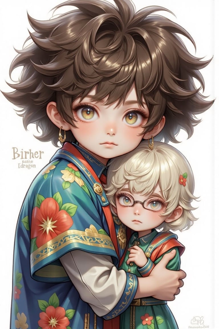 A cute girl,  bubbly chibi-style illustration of a small character with exaggeratedly big eyes,  (hugging a giant figure m...
