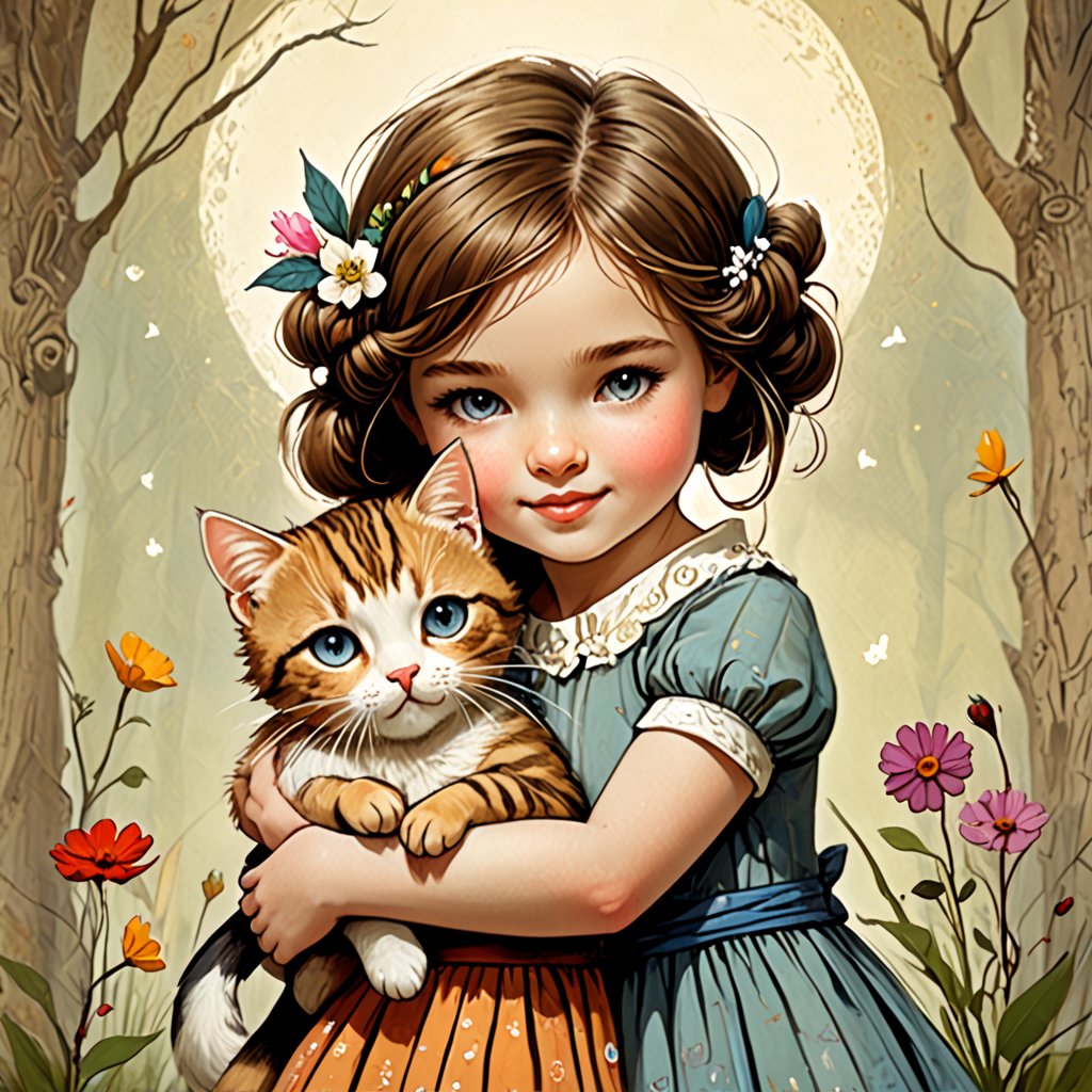 Whimsical folk art picture of a (little sweet girl) and (cat) hugging each other.
,Perfect skin,no