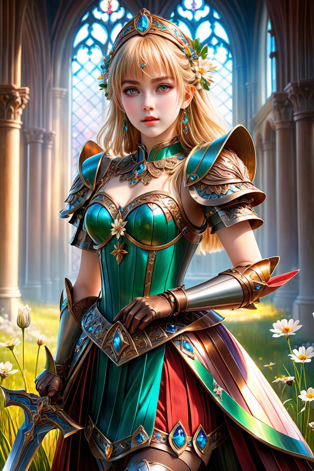 (masterpiece), (absurdres:1.3), (ultra detailed), HDR, UHD, 16K, ray tracing, vibrant eyes, perfect face, award winning photo, 1 girl with long hair, blond-green hair with bangs, bronze eyes, detailed face, wearing a fancy ornate (((folk dress))), shoulder armor, armor, glove, hairband, hair accessories, striped, (holding the great weapon:1.7), jewelery, thighhighs, pauldrons, side slit, capelet, vertical stripes, looking at viewer, fantastical and ethereal scenery, daytime, church, grass, flowers. Intricate details, extremely detailed, incredible details, full colored, complex details, hyper maximalist, detailed decoration, detailed lines, best quality, dynamic lighting, perfect anatomy, realistic, more detail, ,Architect, shiny skin, (shy blush:1.1), (dynamic action pose:1.3) ,slightly smile, lens flare, photo quality, big dream eyes, ((perfect eyes, perfect fingers)) ,kawaii, (Sharp focus realistic illustration:1.2), holding stuff, 