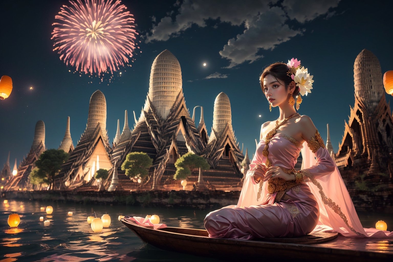 (((Night:1.5))), (Wat Arun Thailand:1.5), (Chao Phraya River:1.4), (best quality, ultra-detailed, 8K),beautiful face, 1 girl, solo, (detailed face:1.2), (floating a Krathong on the river:1.5),
 (detailed background), (masterpiece:1.2), (ultra detailed), intricate, photography art, (gradients), colorful, detailed landscape, (realistic, illustration :1.2), cgi art, (((fireworks and lanterns background))),  UHD), brilliant color, rim light, Floating basket,  Sit nearby river, ((extra wide shot))

(Celebrating Loy Krathong in Thailand:1.5), (full moon:1.4), The sky is filled with beautiful lanterns ,Loy Krathong Festival, (Loy Krathong),

(Perfect shadow, perfect lighting),  ((bombshell hair or bun hair with bangs)), brown hair, rosy skin, perfect anatomy, perfect fingers, (angle below:1.4), cinematic, romanticism ,
((Purple-pink color, layers thai traditional dress)), 
(Lotus :1.3), (pink and purple sabai),(jewelry:1.2), (linekanok pattern:1.25), dress,  (((long sleeve)) ,linevichit, dark tone Dress, sabai, (Sabai:1.6), Sabai,Extremely Realistic, night sky view background,Thai Dress,Sabai,moon,sitting moon,floating lantern,