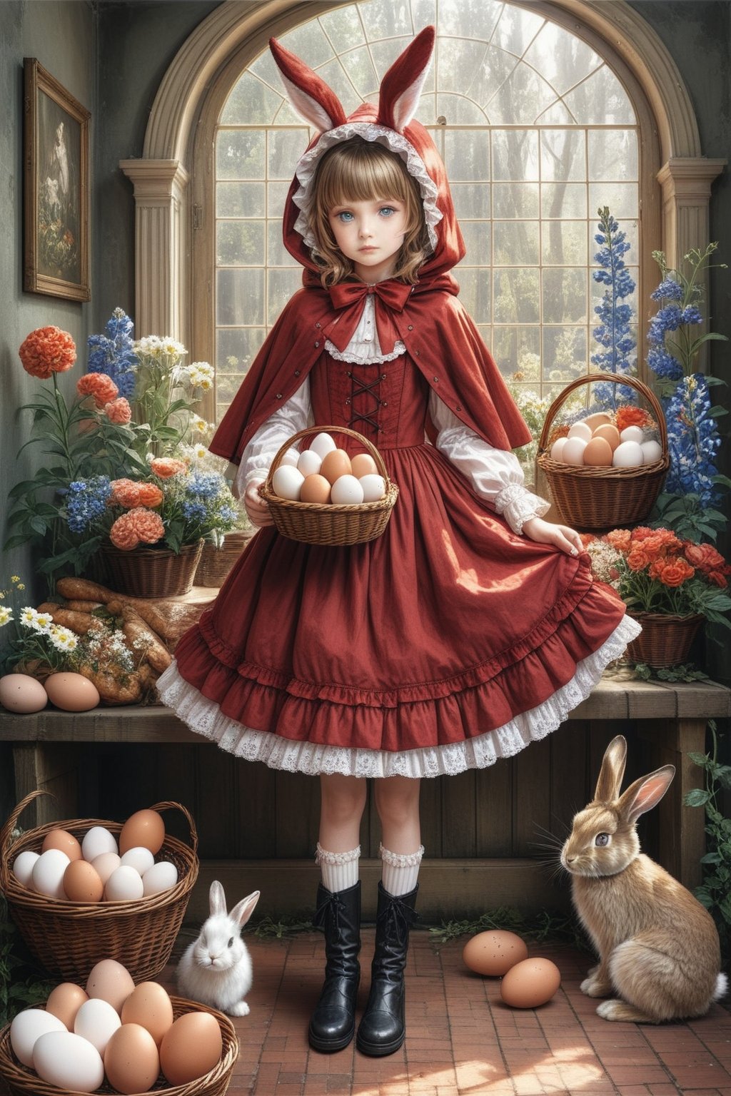 beautiful person, realistic, raw photo, masterpiece, best quality, aesthetic, little red riding hood \(grimm\), flower, blue_eyes , boots, cape, red dress Lolita, stocking, rabbit, lupin, basket, egg, food, 