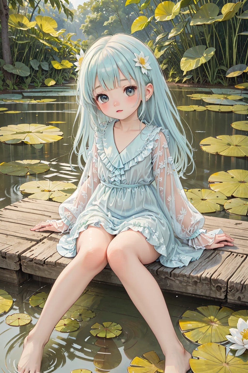A girl in a wooden boat,  paddling in a lotus pond. She picks lotus flowers while origami boats float nearby. The pond is...
