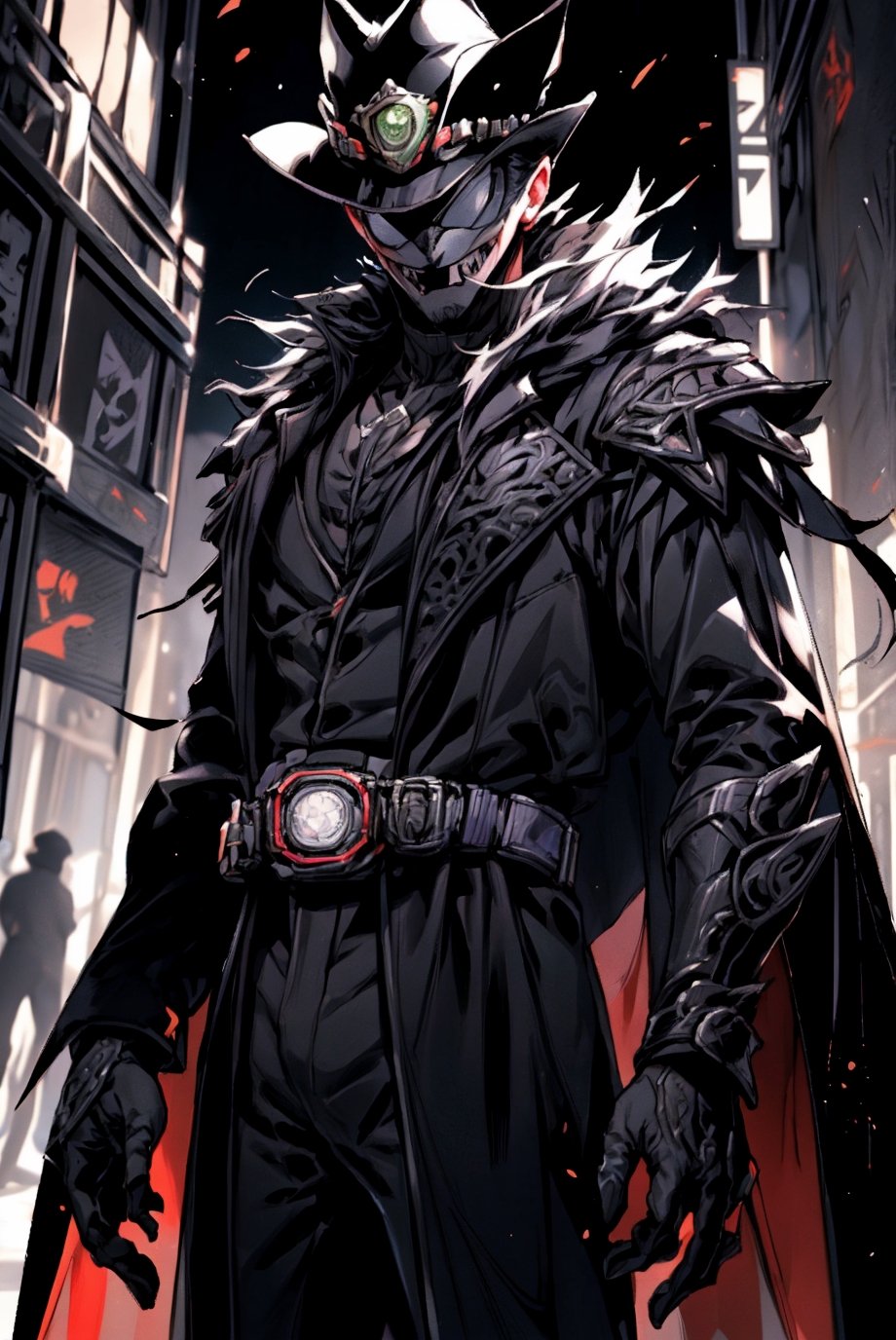 (masterpiece), (ultra detail), (intricate armor), league of legends, Twisted Fate, cowboy hat, trickster smile, manly, thin face, (long black coat:1.2), (elegant suit), posing on the night casino city background, bwcomic, kamen rider