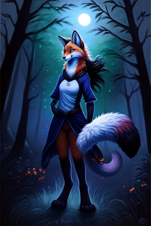 night moonlight forest Personification furry Therianthropy  red fox cat Chimera  wizard painting dark tones magic  